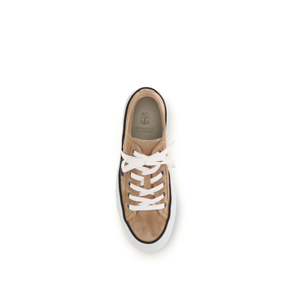 Brunello Cucinelli Beige Calf Leather Bos Taurus Low Top Sneakers | Regal Royce