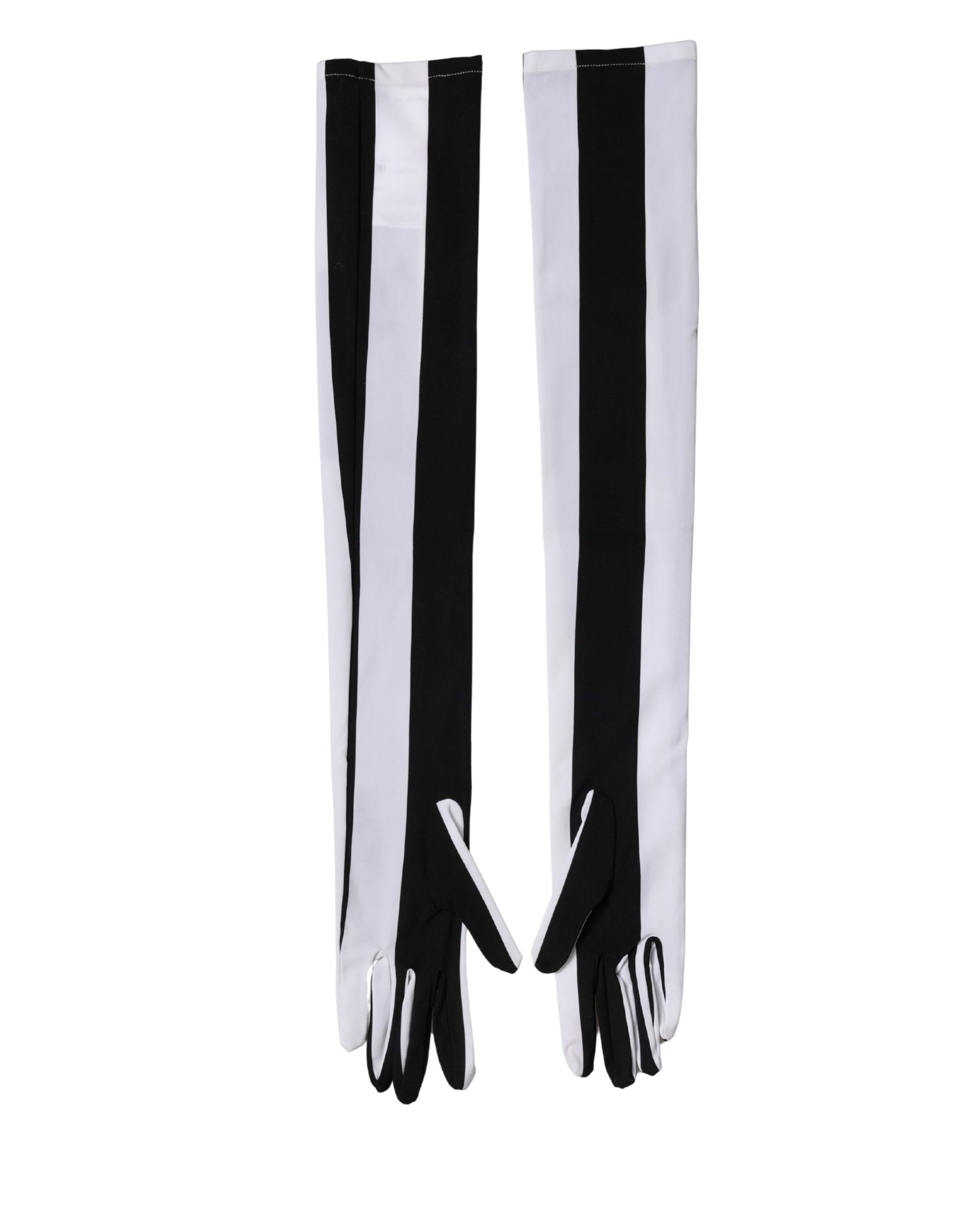 Dolce & Gabbana Black White Stripes Nylon Elbow Length Women Gloves | Regal Royce