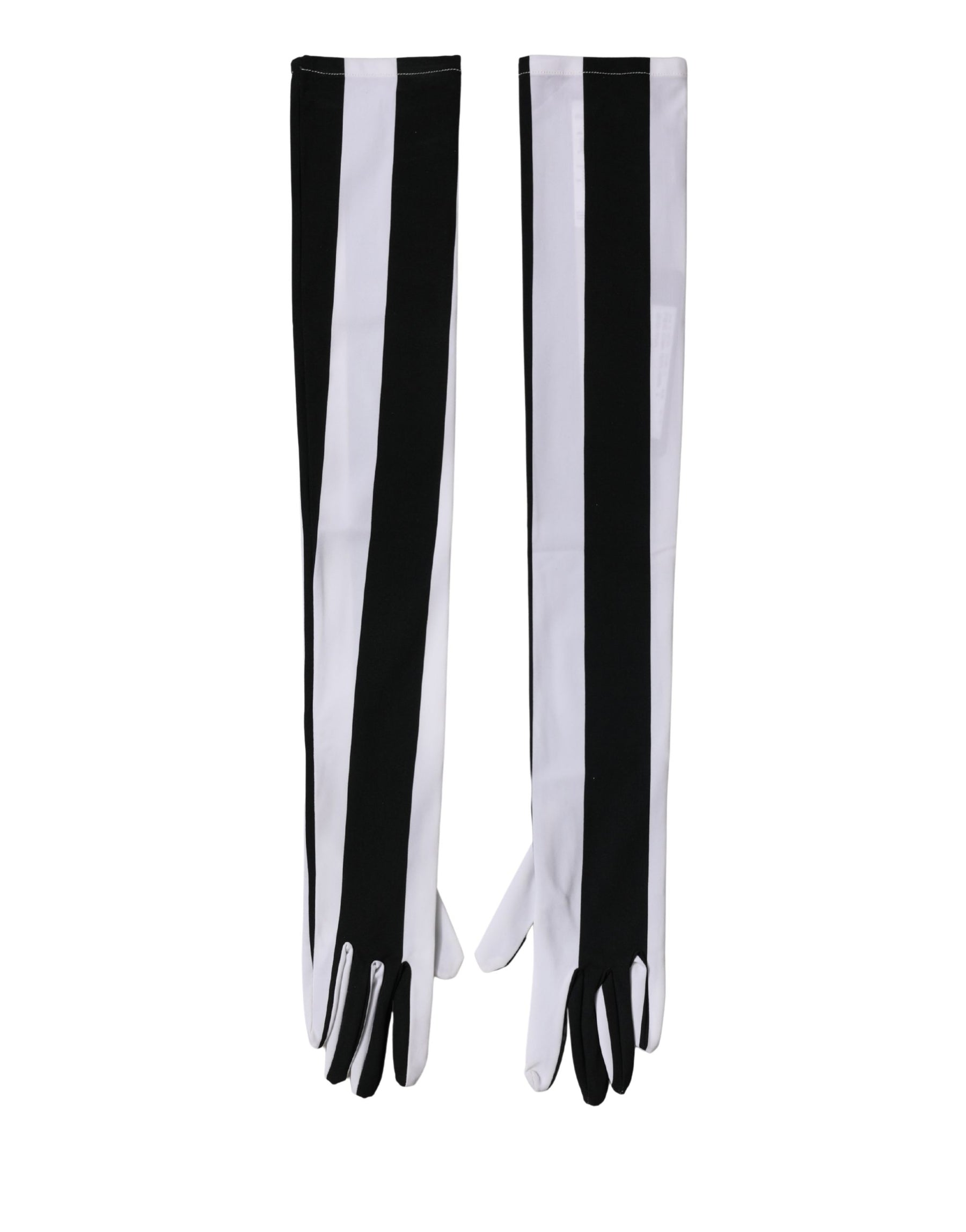 Dolce & Gabbana Black White Stripes Nylon Elbow Length Women Gloves | Regal Royce