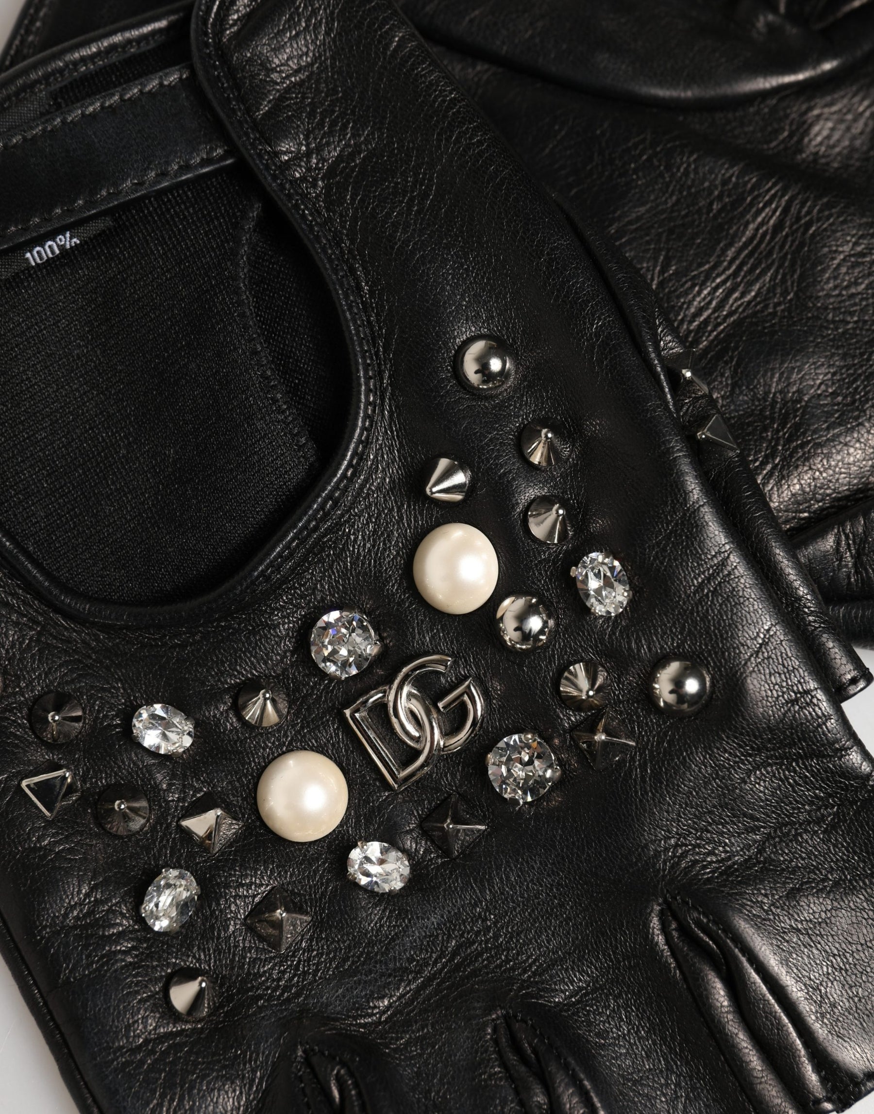 Dolce & Gabbana Black Embellished Wrist Length Mitten Women Gloves | Regal Royce