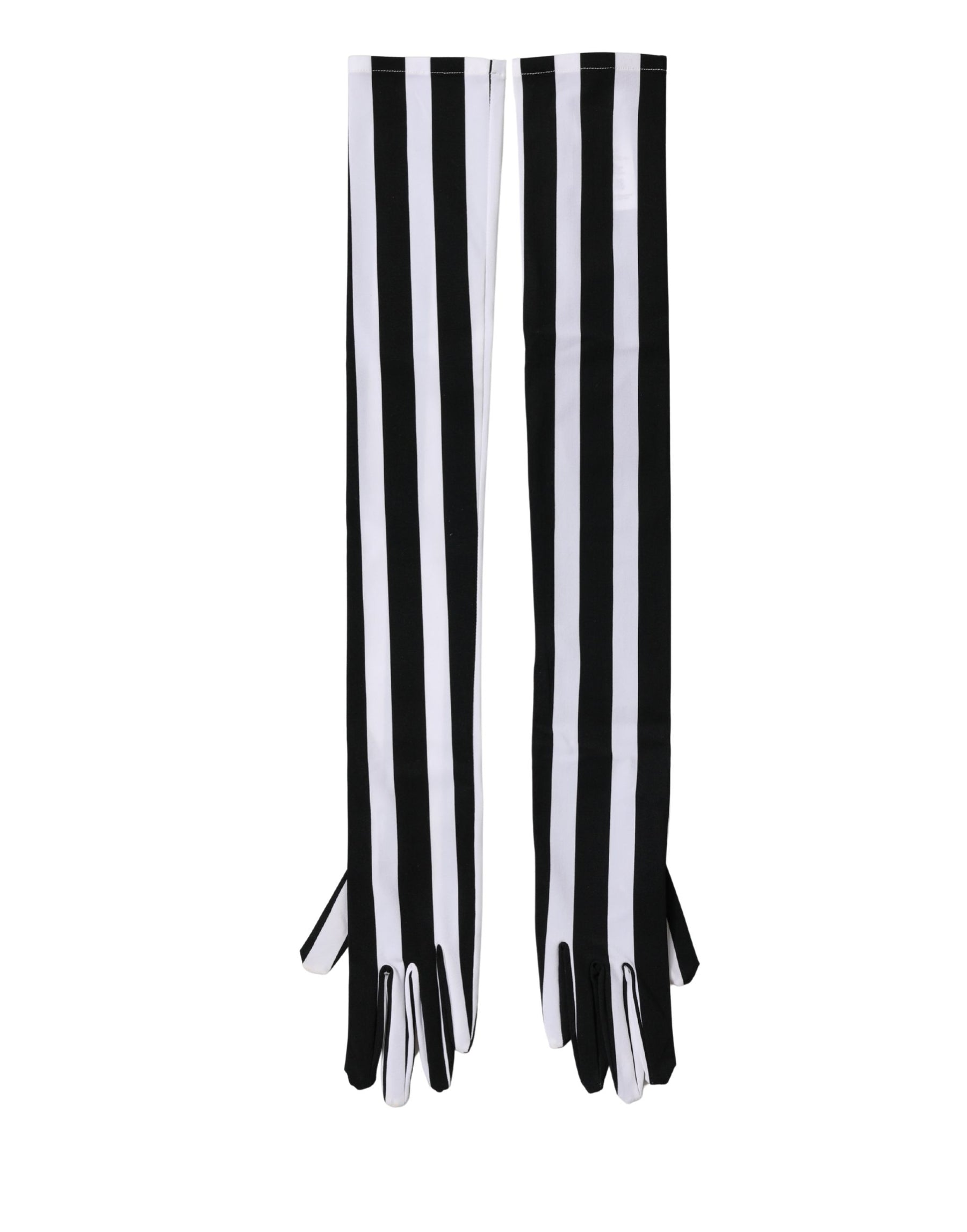 Dolce & Gabbana Black White Stripes Nylon Elbow Length Women Gloves | Regal Royce