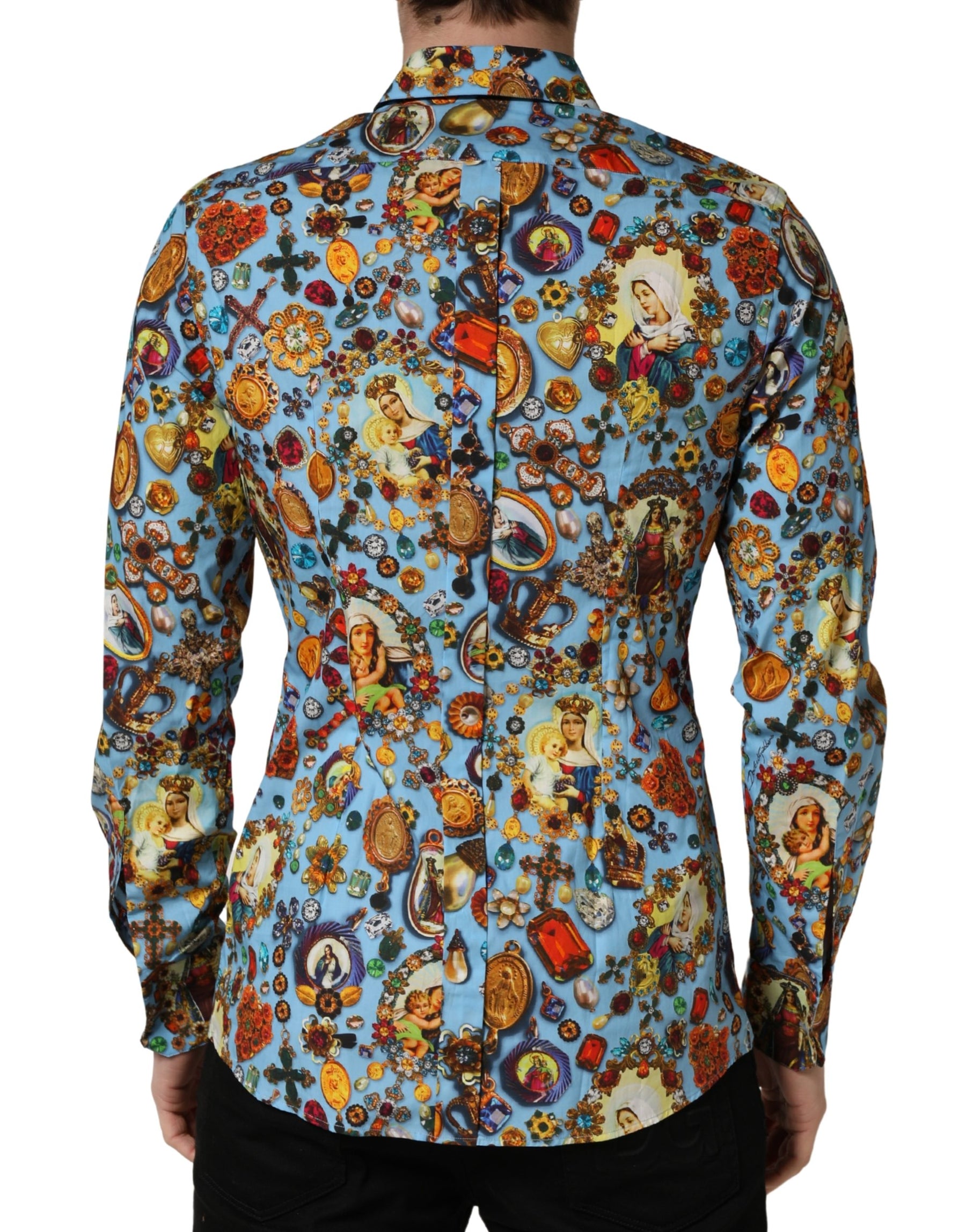 Dolce & Gabbana Blue Cotton Jewel Print Button Down GOLD Shirt | Regal Royce