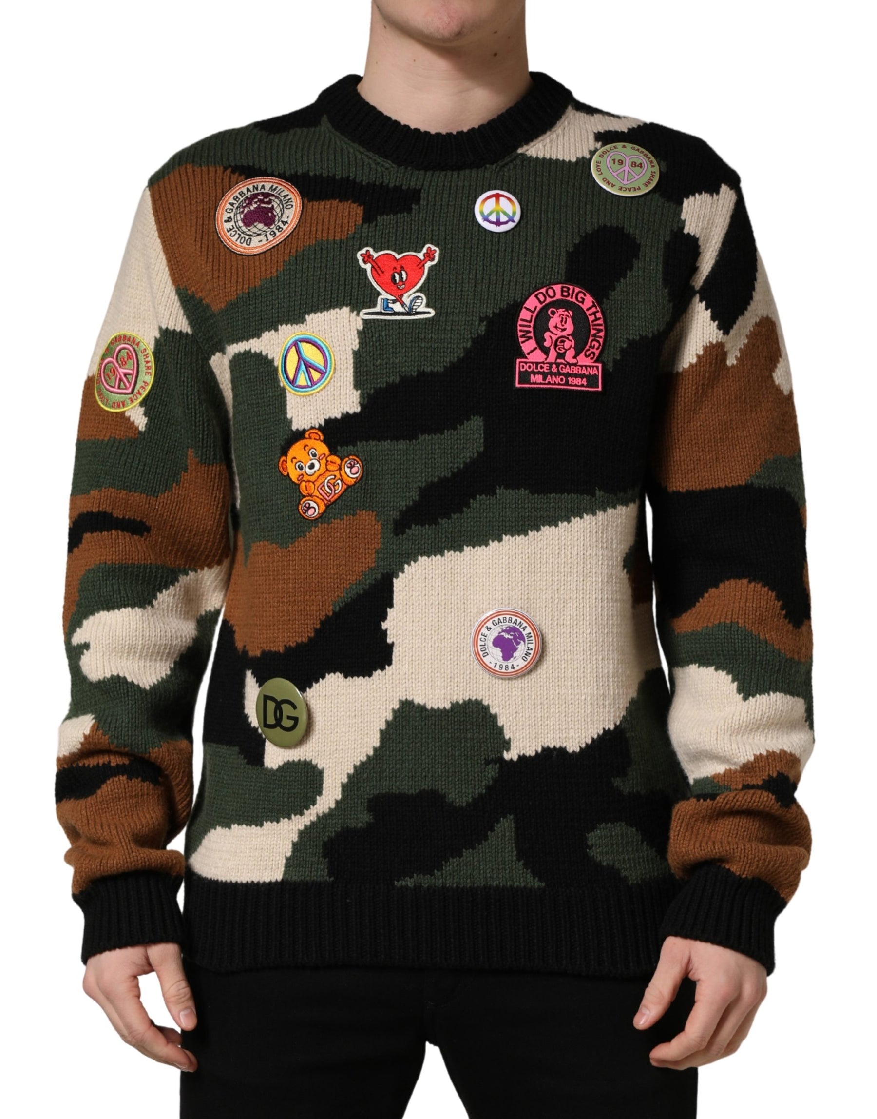 Dolce & Gabbana Multicolor Intarsia-Knit Camouflage Pullover Sweater | Regal Royce