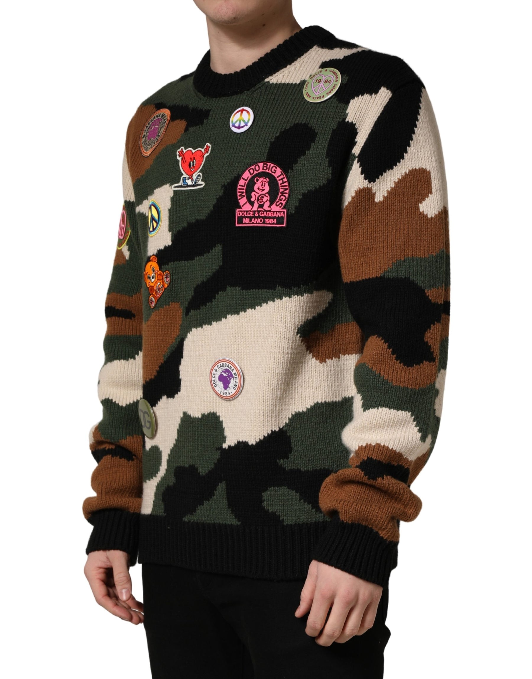 Dolce & Gabbana Multicolor Intarsia-Knit Camouflage Pullover Sweater | Regal Royce