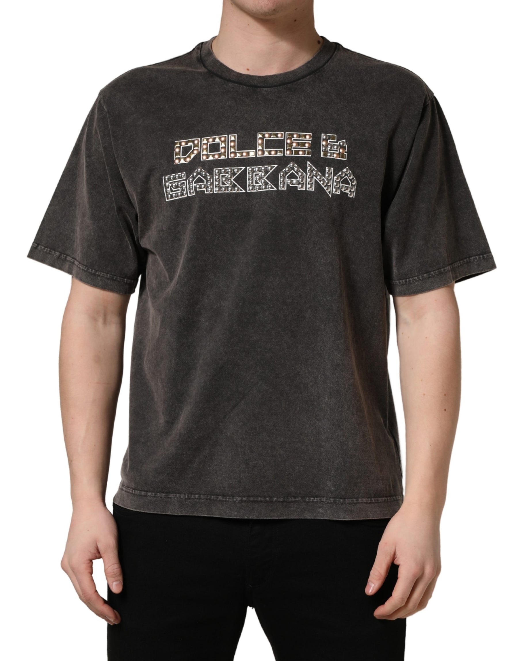 Dolce & Gabbana Gray Logo Embellished Men Crew Neck T-shirt | Regal Royce