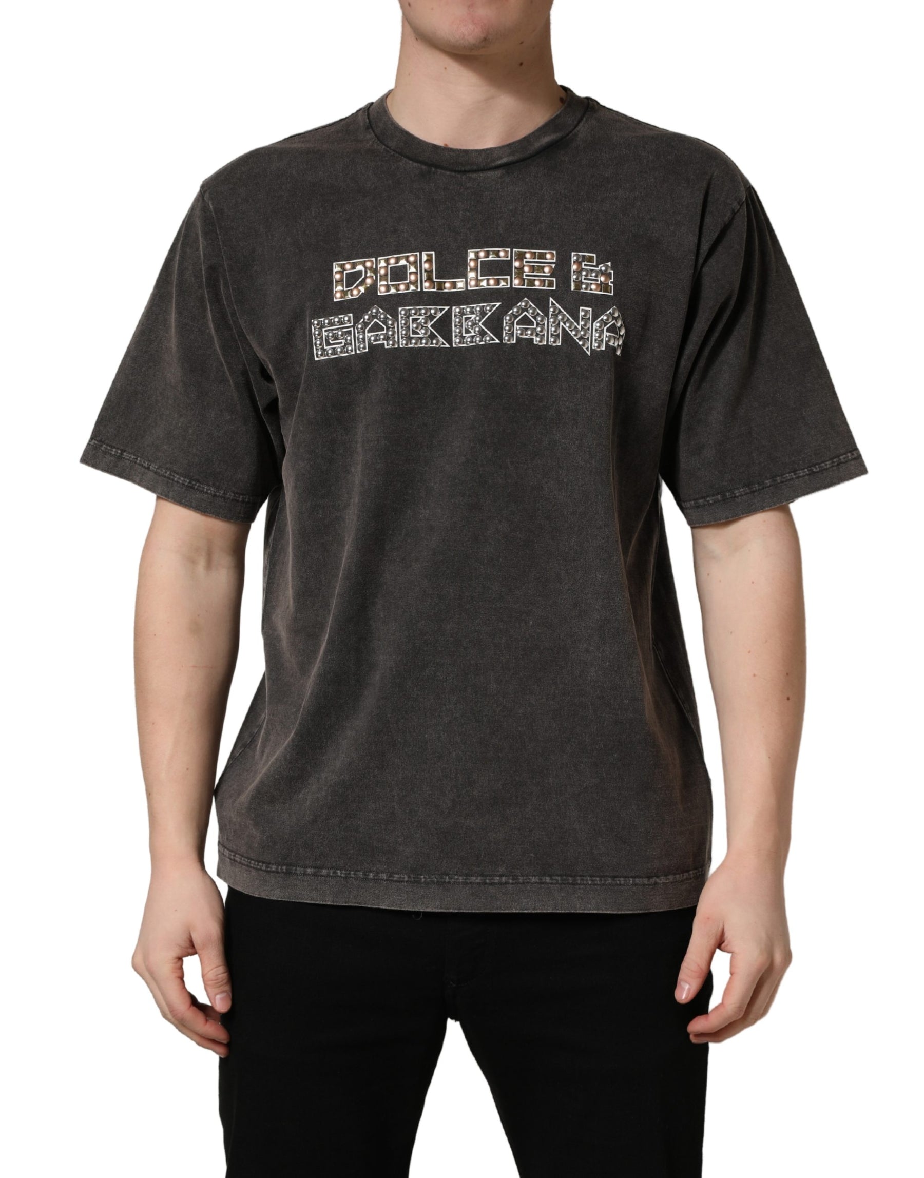 Dolce & Gabbana Gray Logo Embellished Men Crew Neck T-shirt | Regal Royce