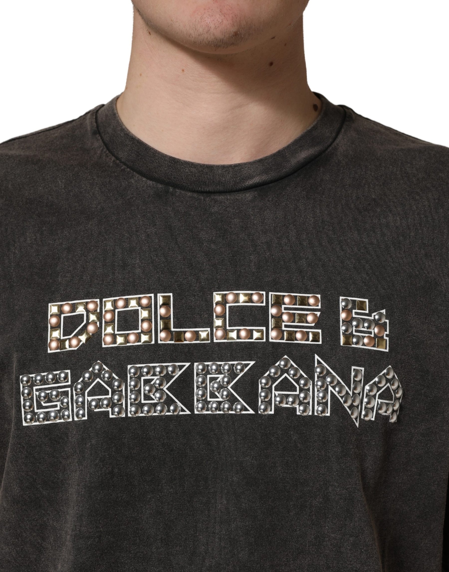 Dolce & Gabbana Gray Logo Embellished Men Crew Neck T-shirt | Regal Royce