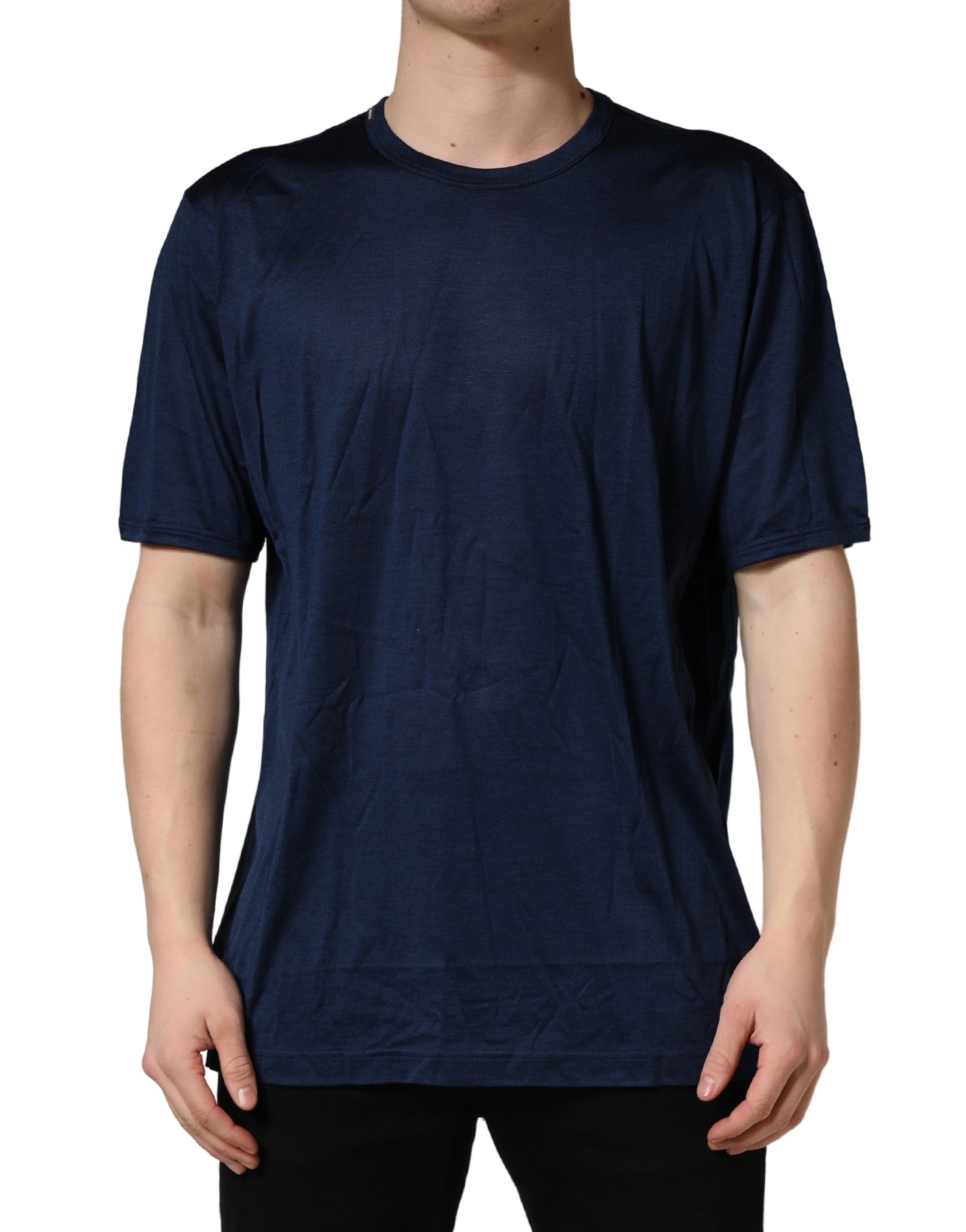 Dolce & Gabbana Dark Blue Silk Short Sleeve CrewNeck T-shirt | Regal Royce