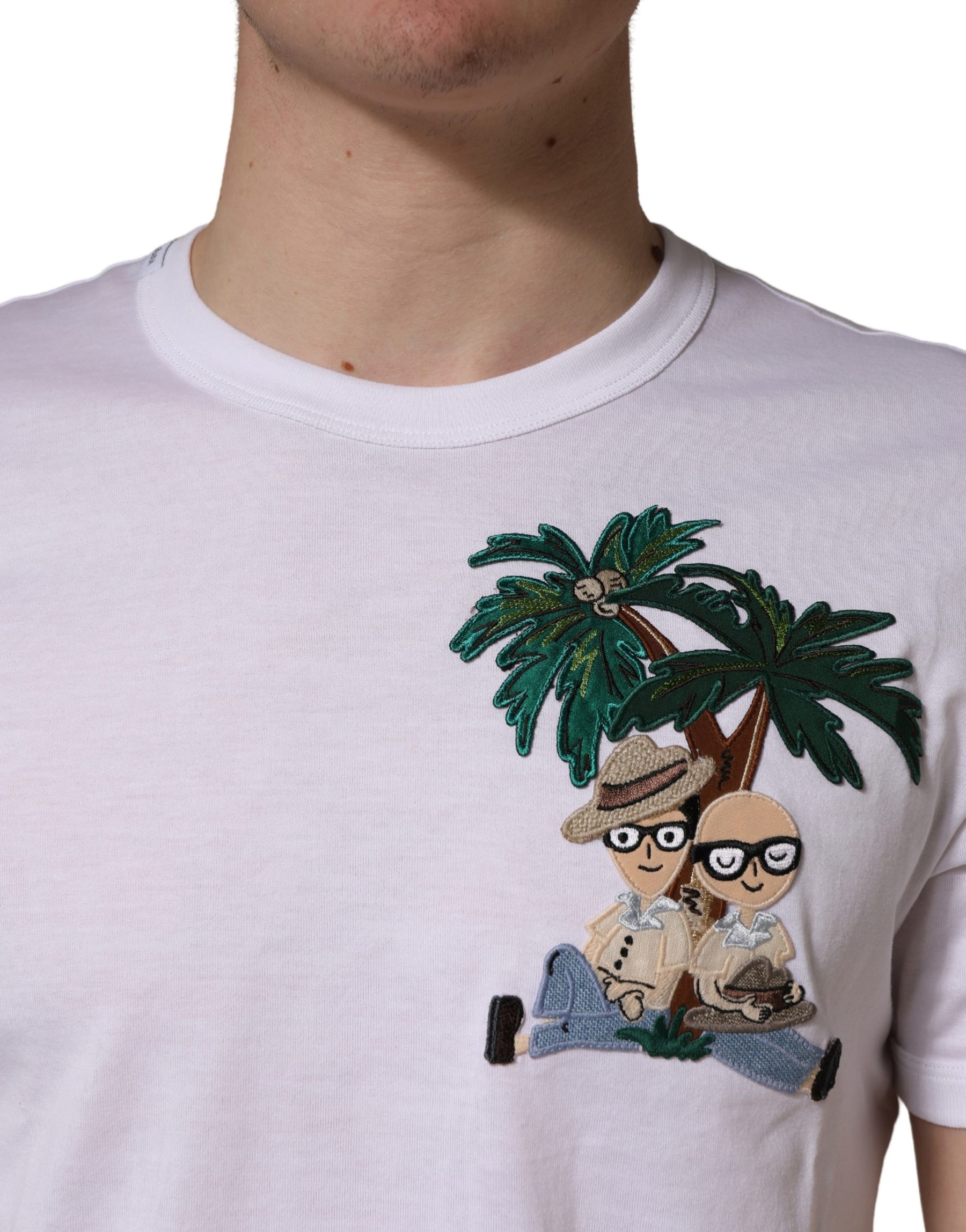 Dolce & Gabbana White Palm Embroidered Men Crew Neck T-shirt | Regal Royce