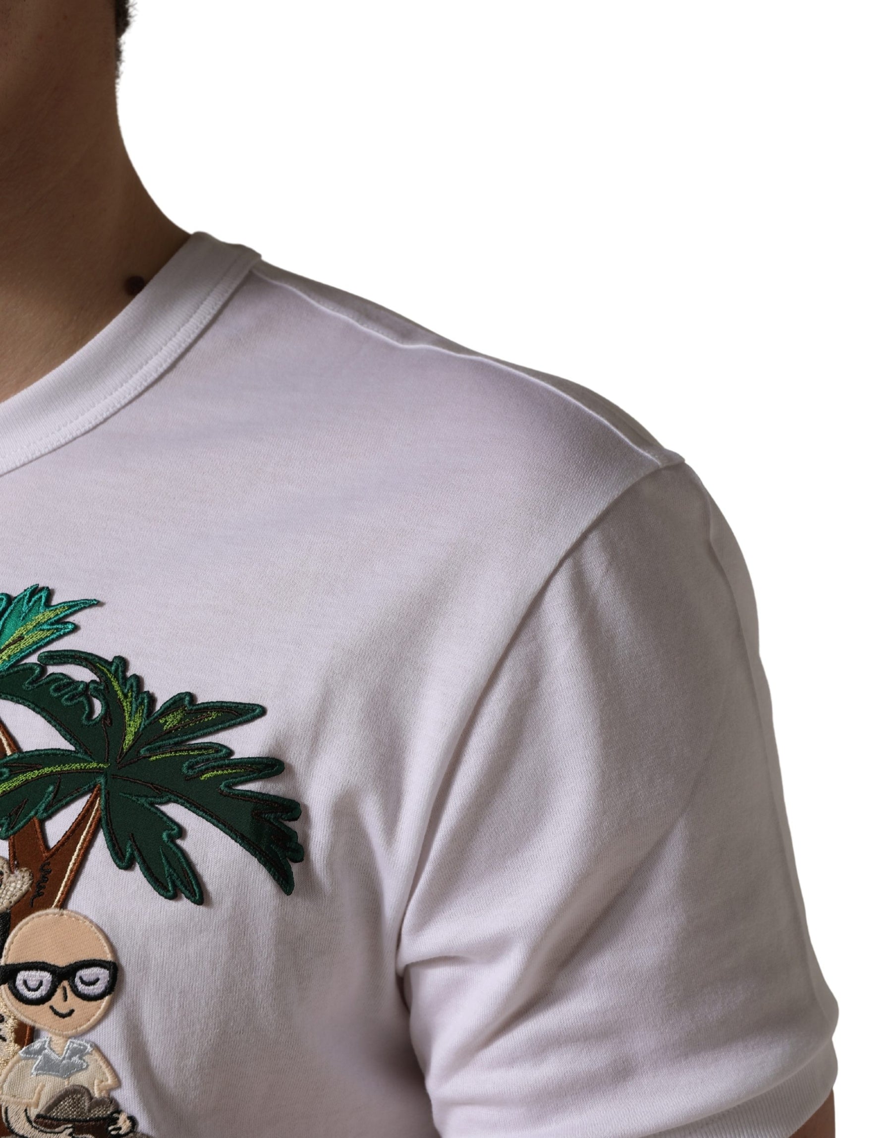 Dolce & Gabbana White Palm Embroidered Men Crew Neck T-shirt | Regal Royce