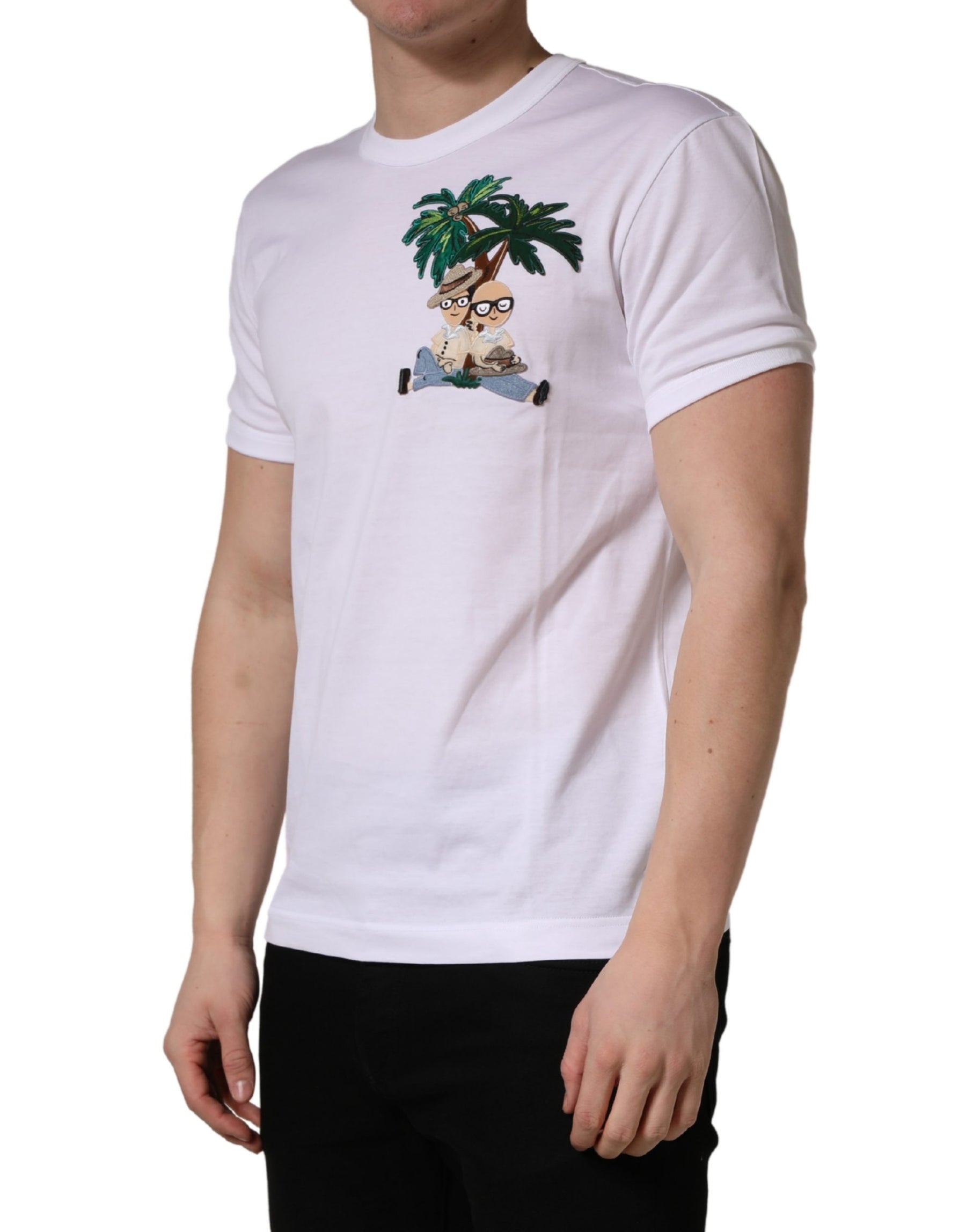 Dolce & Gabbana White Palm Embroidered Men Crew Neck T-shirt | Regal Royce