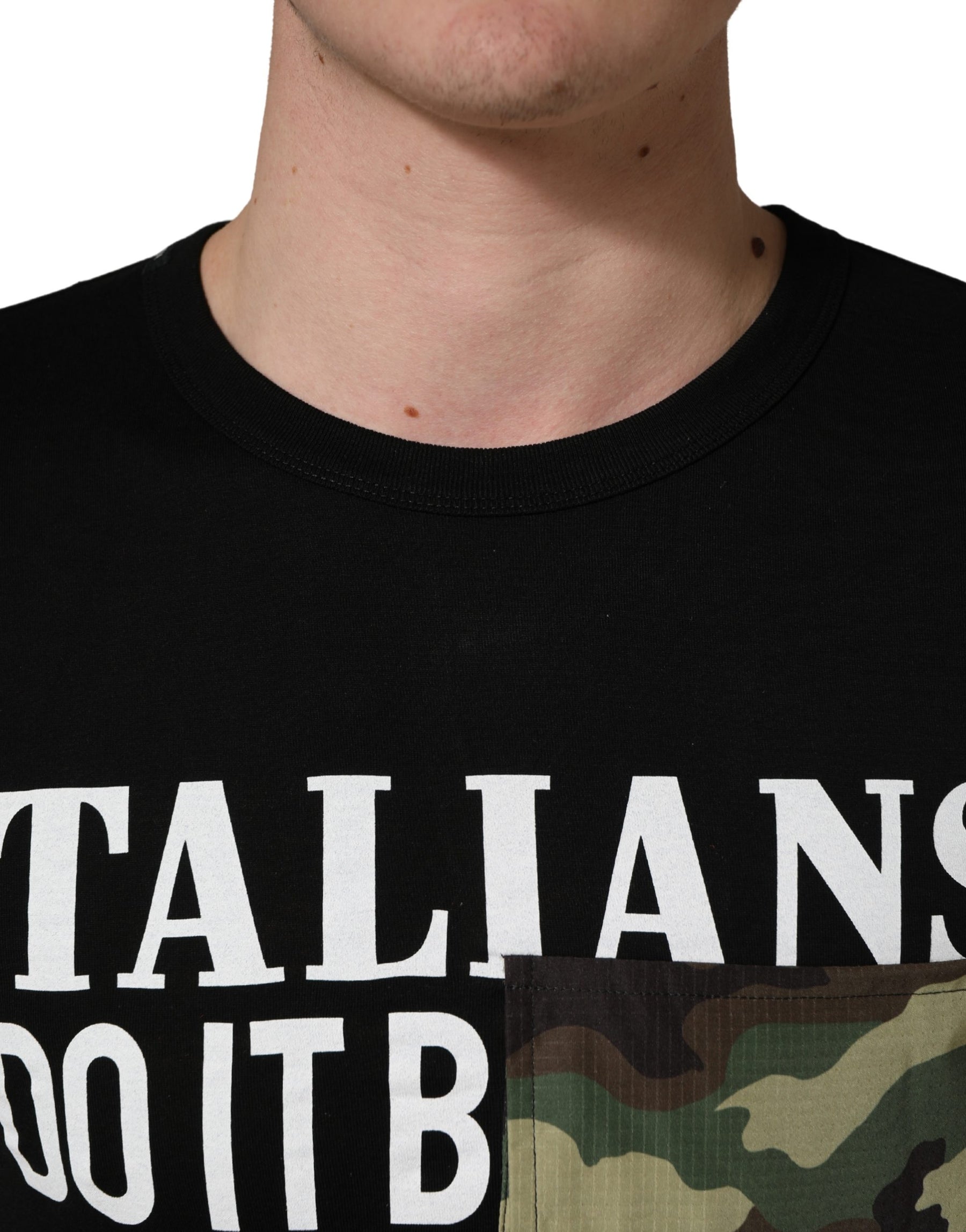 Dolce & Gabbana Black Italians Do It Better Camo Pocket Men T-shirt | Regal Royce