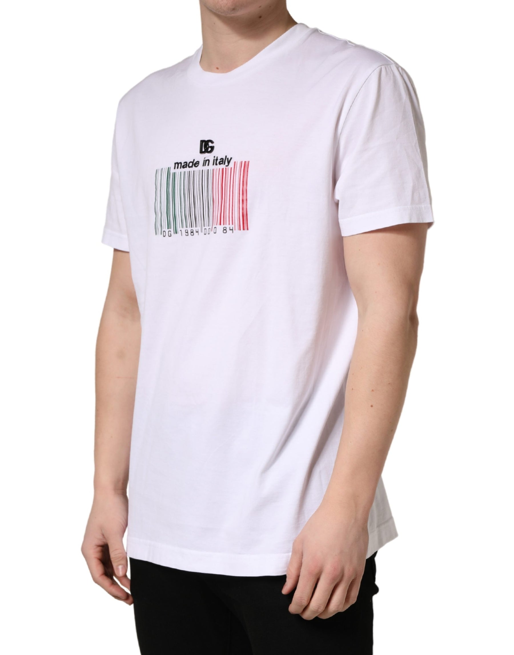 Dolce & Gabbana White Barcode Cotton Crew Neck Men T-shirt | Regal Royce