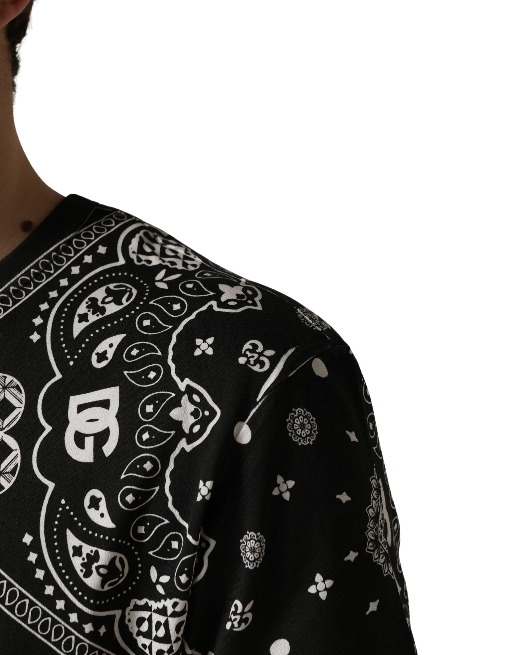 Dolce & Gabbana Black White Bandana Cotton Crew Neck  T-shirt | Regal Royce