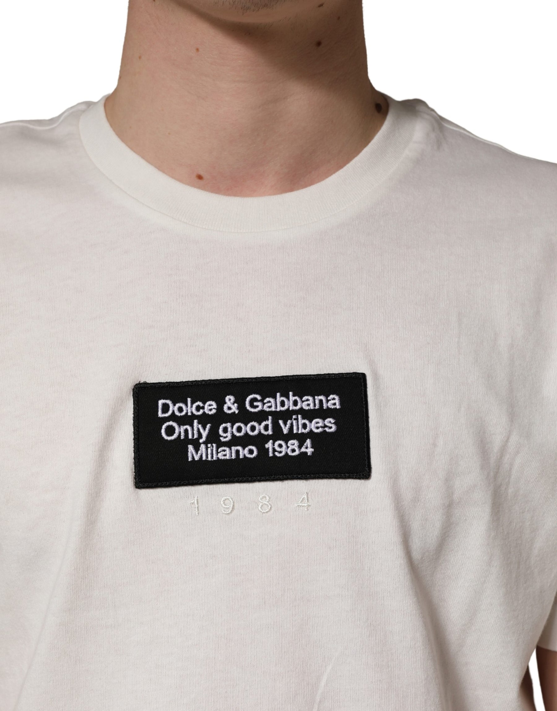 Dolce & Gabbana White Logo Patch Cotton Men Crew Neck  T-shirt | Regal Royce