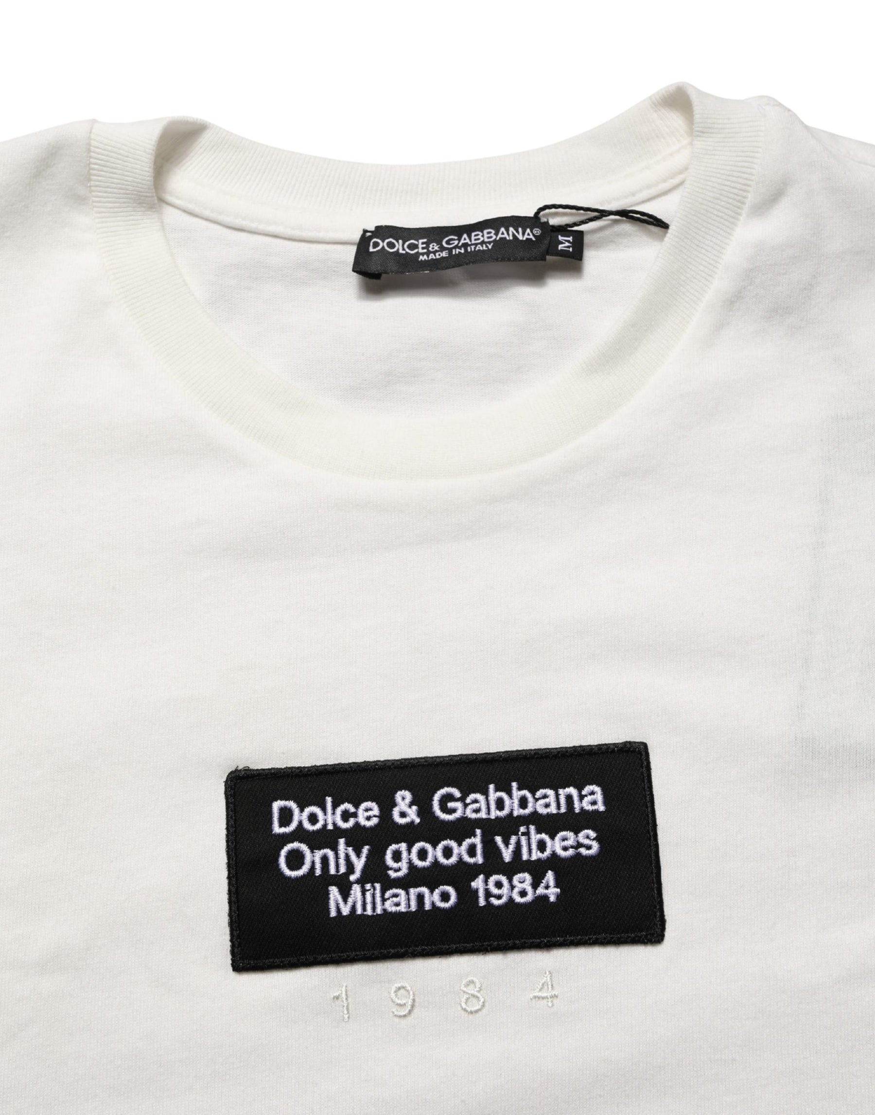 Dolce & Gabbana White Logo Patch Cotton Men Crew Neck  T-shirt | Regal Royce