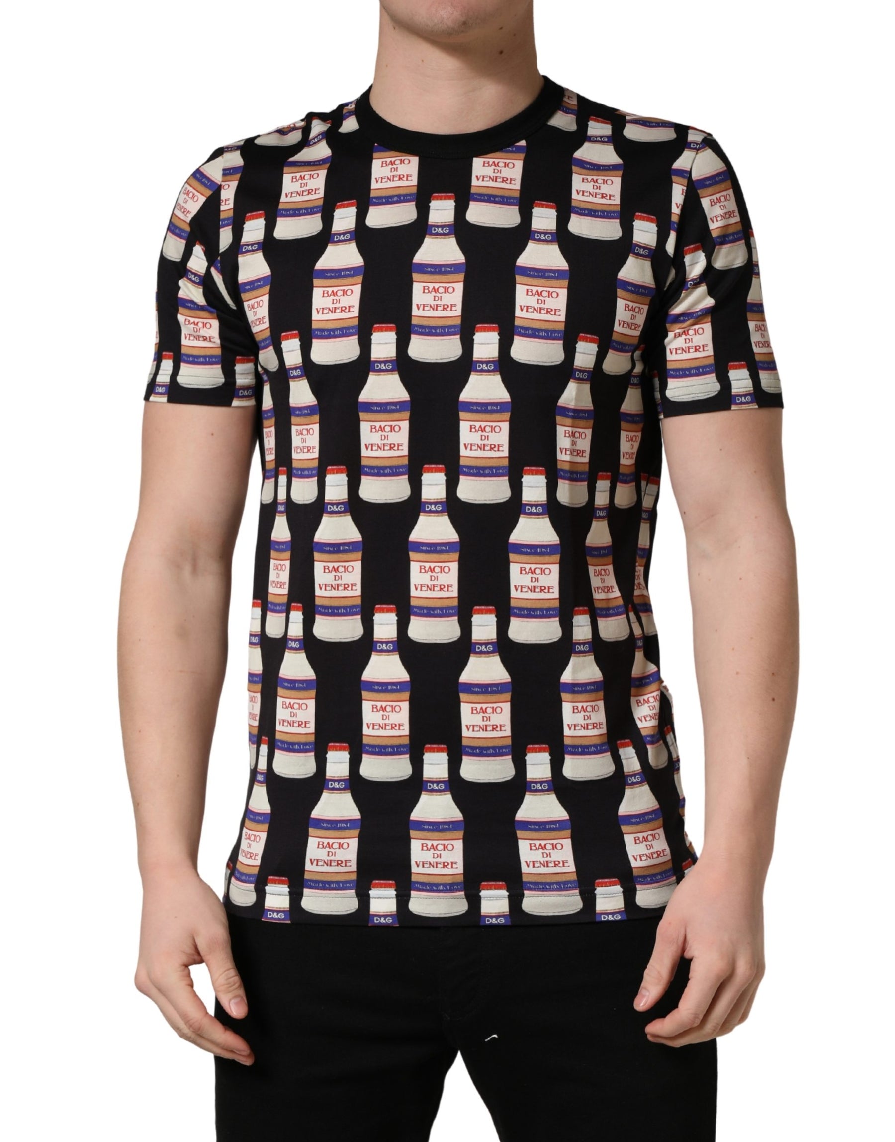 Dolce & Gabbana Black Bottle Print Cotton Crew Neck  T-shirt | Regal Royce