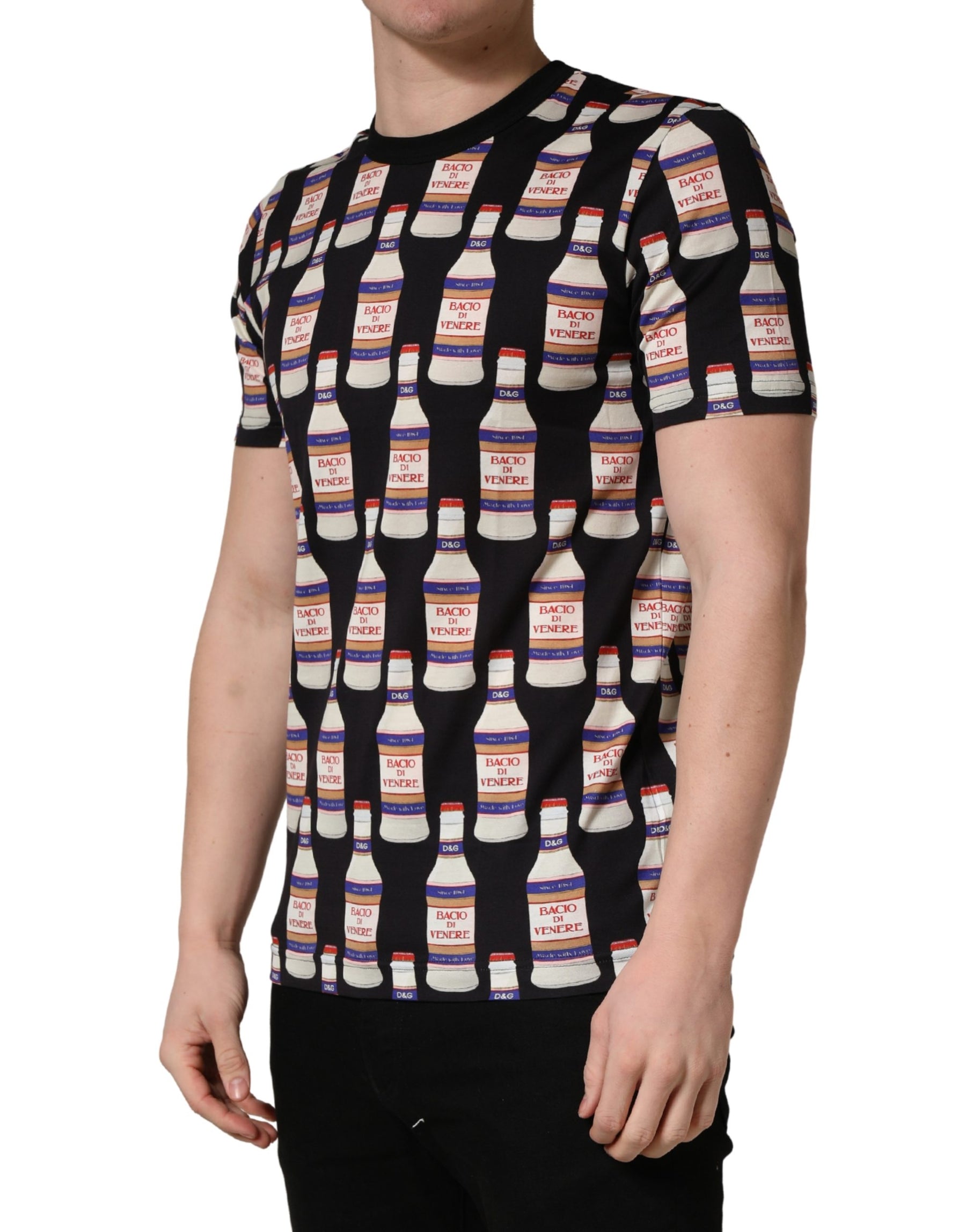 Dolce & Gabbana Black Bottle Print Cotton Crew Neck  T-shirt | Regal Royce