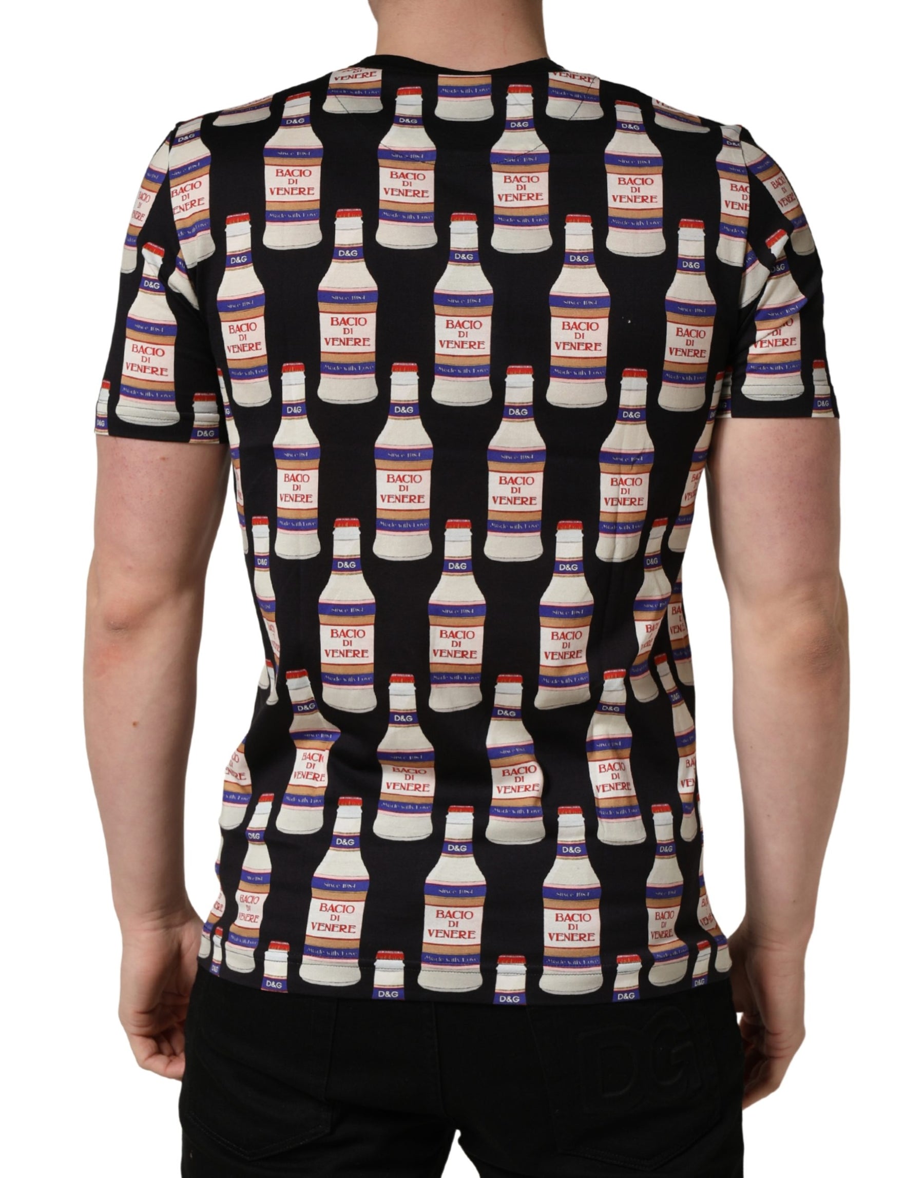 Dolce & Gabbana Black Bottle Print Cotton Crew Neck  T-shirt | Regal Royce