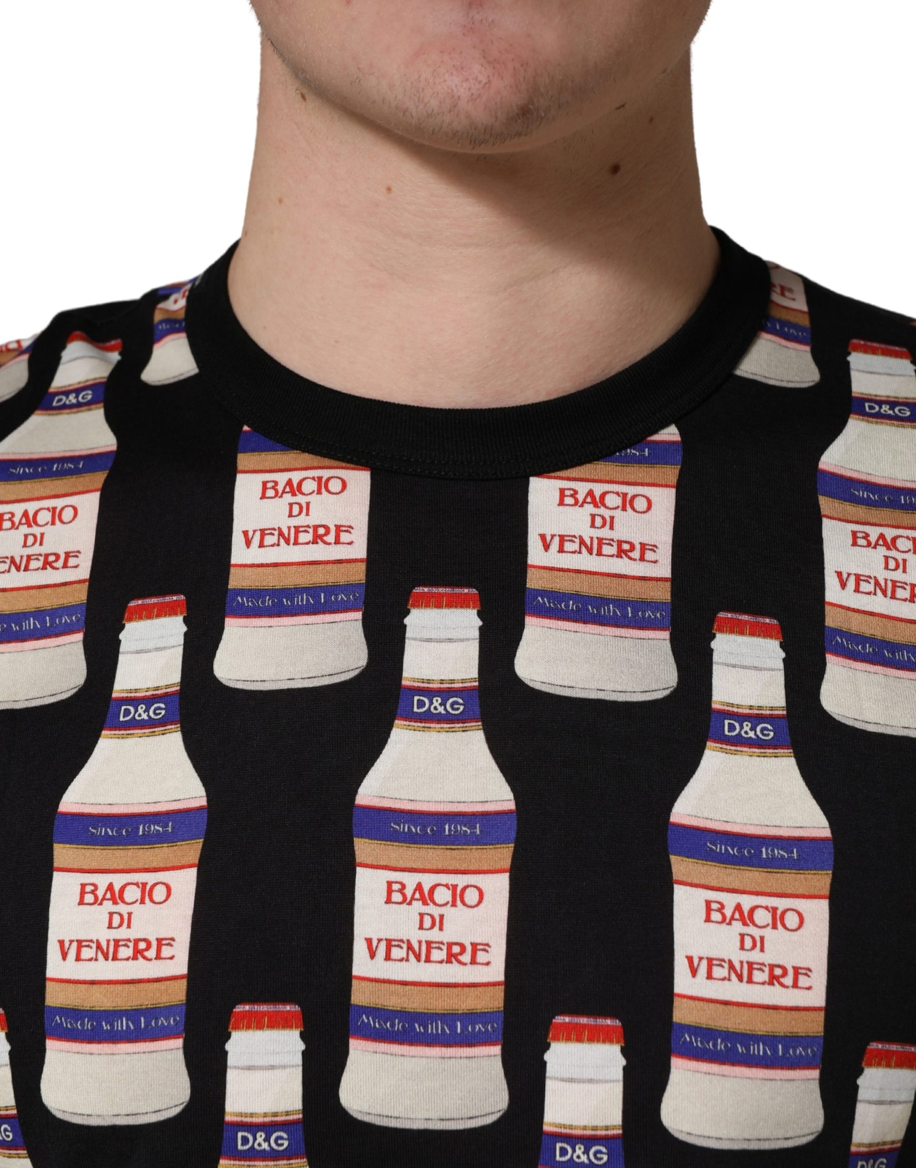 Dolce & Gabbana Black Bottle Print Cotton Crew Neck  T-shirt | Regal Royce