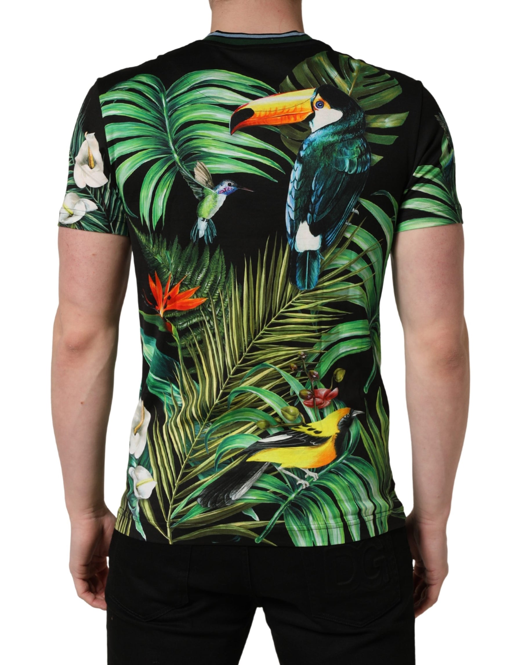 Dolce & Gabbana Black Bird Print Cotton Men Crew Neck T-shirt | Regal Royce
