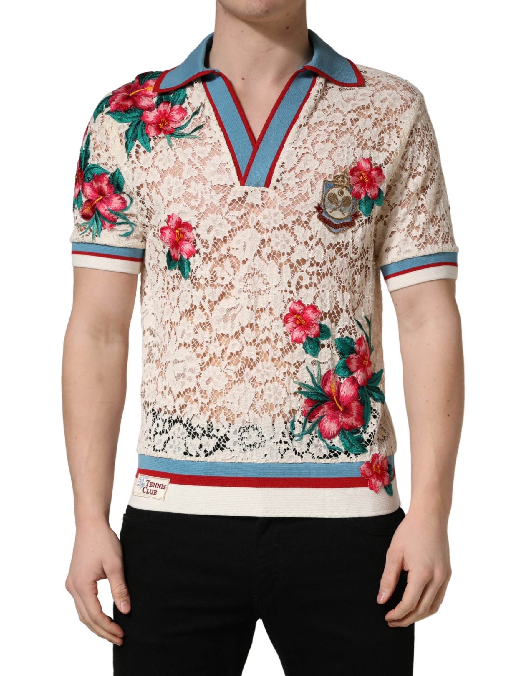 Dolce & Gabbana Beige Floral Tennis Club Lace Polo T-shirt | Regal Royce
