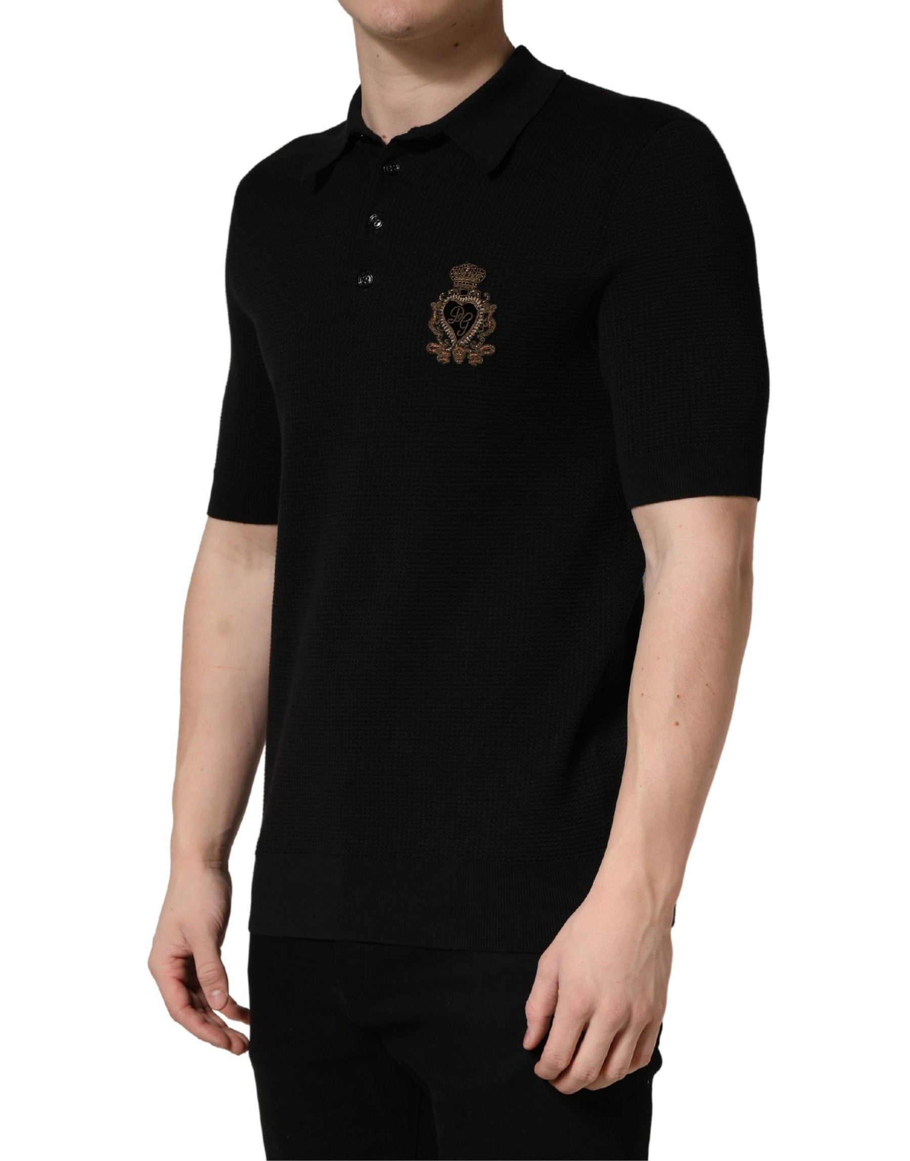 Dolce & Gabbana Black Heraldic Crest Patch Silk Polo T-shirt | Regal Royce