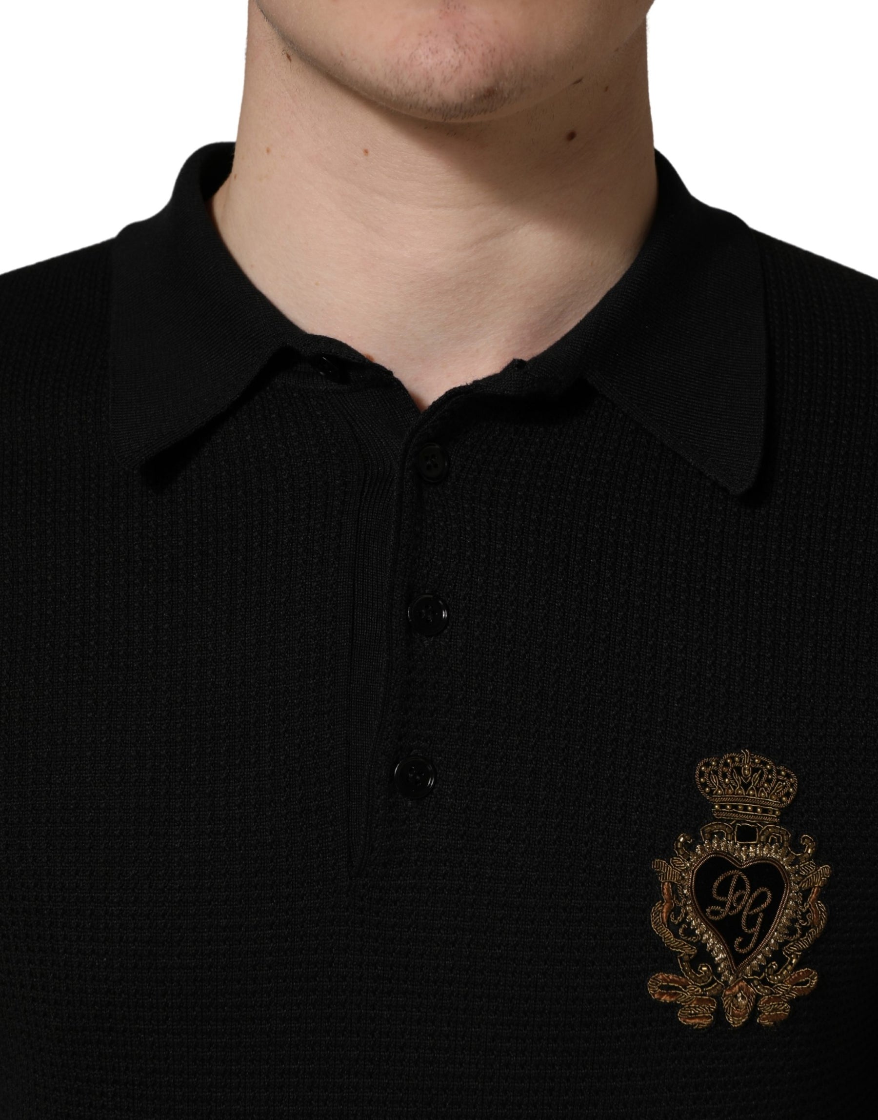 Dolce & Gabbana Black Heraldic Crest Patch Silk Polo T-shirt | Regal Royce