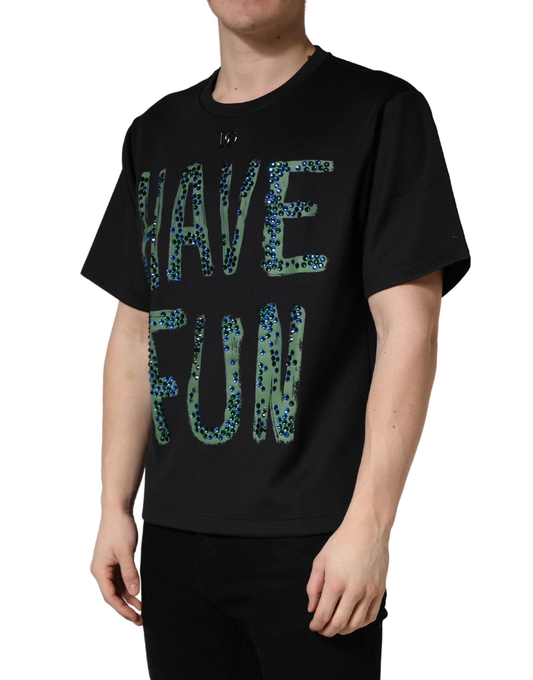 Dolce & Gabbana Black Have Fun Embellished Crew Neck T-shirt | Regal Royce