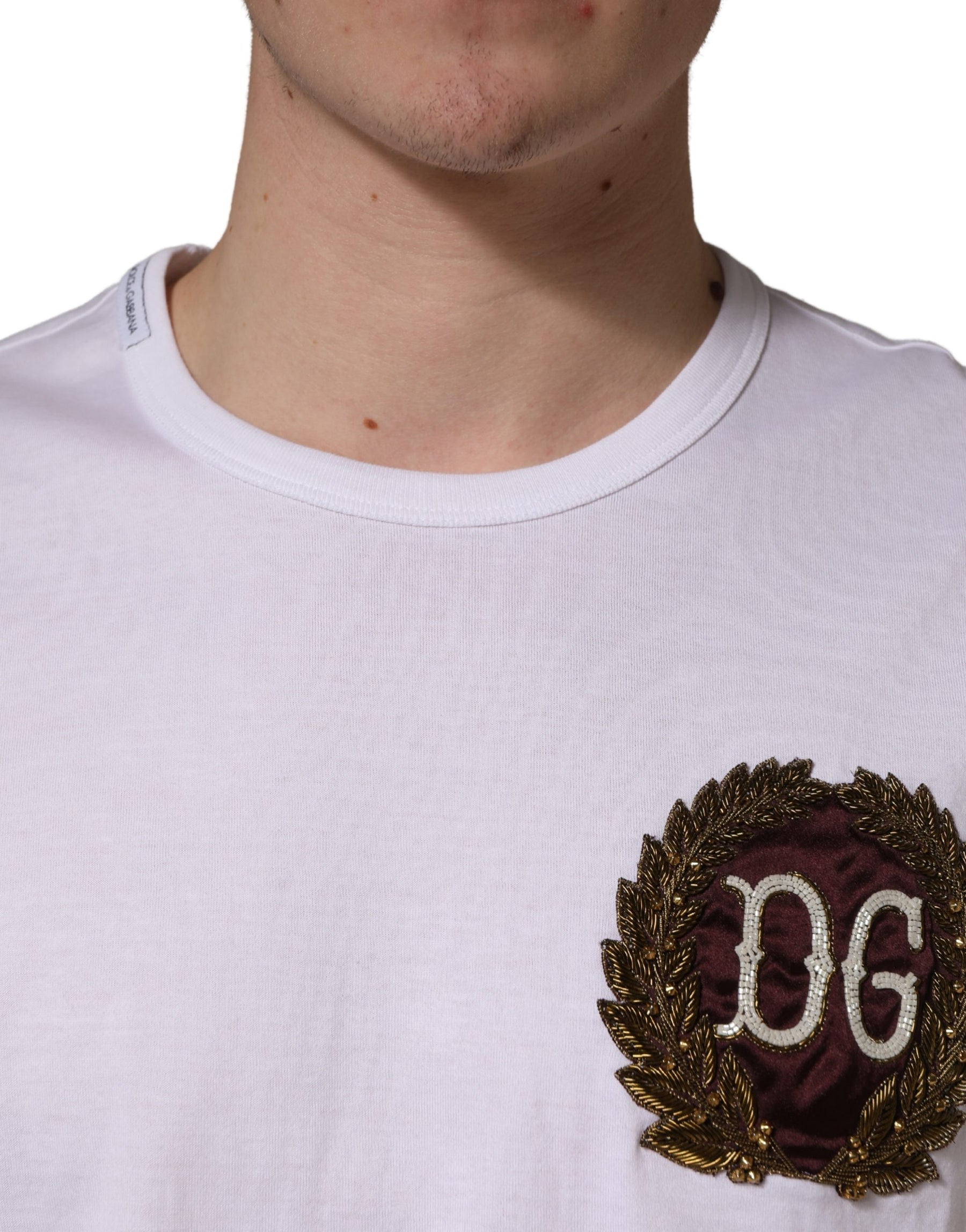 Dolce & Gabbana White DG Leaf Embroidery Crew Neck  T-shirt | Regal Royce