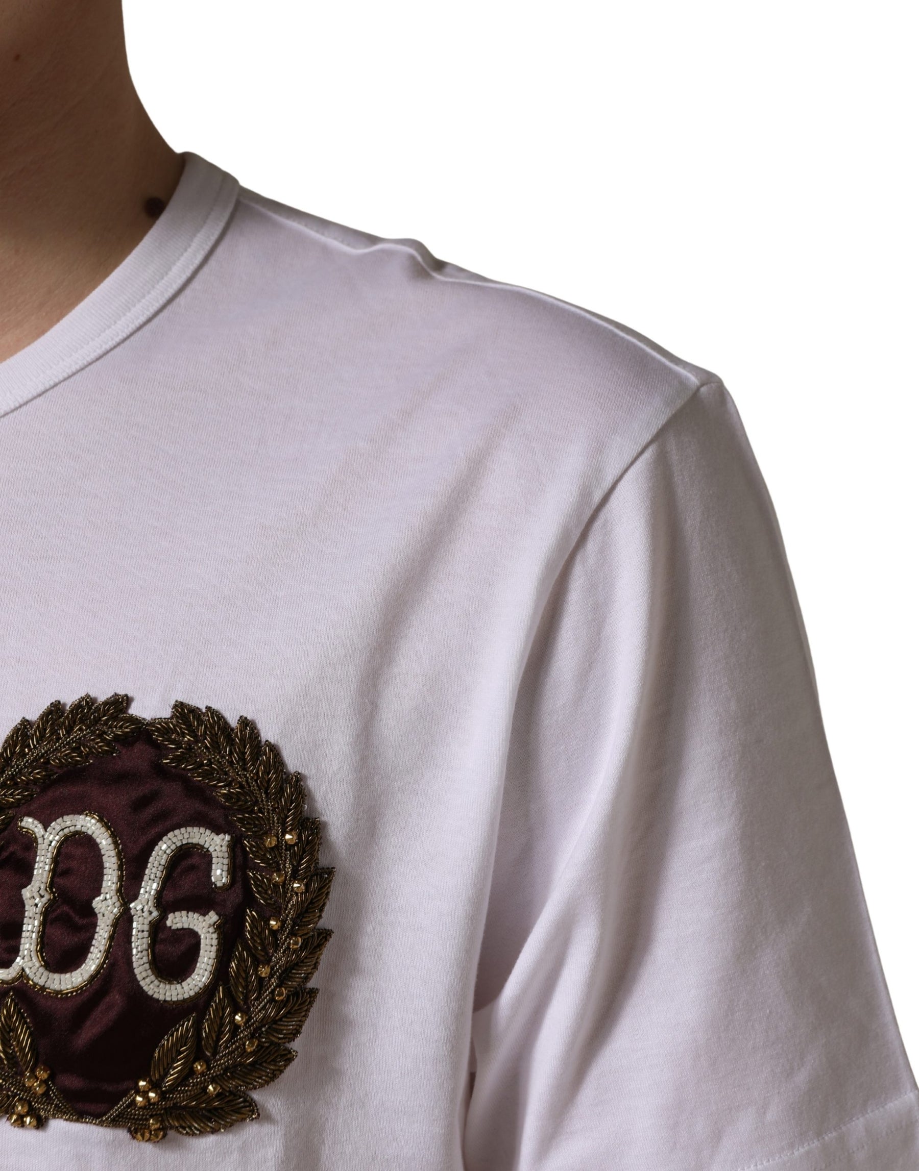 Dolce & Gabbana White DG Leaf Embroidery Crew Neck  T-shirt | Regal Royce