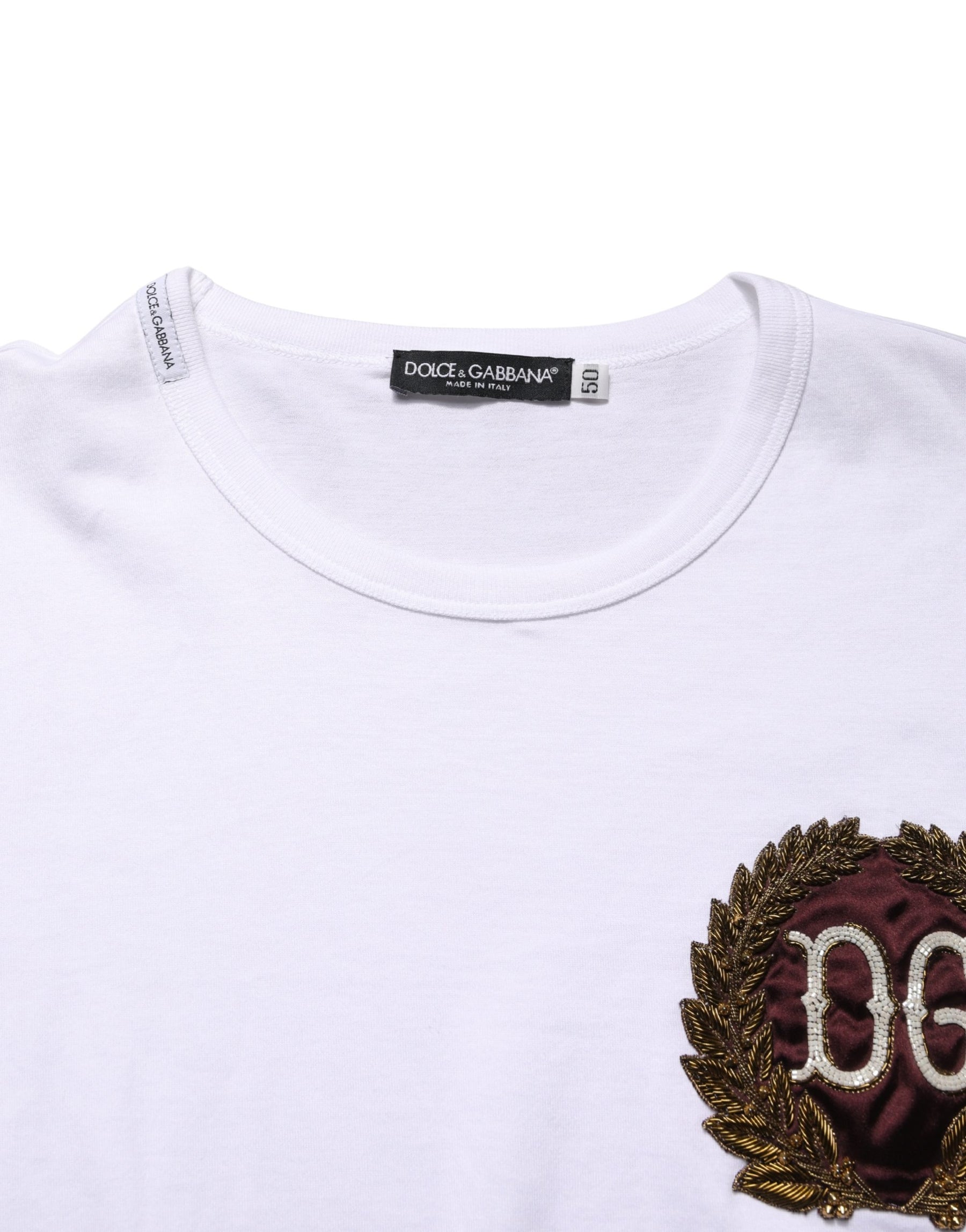 Dolce & Gabbana White DG Leaf Embroidery Crew Neck  T-shirt | Regal Royce