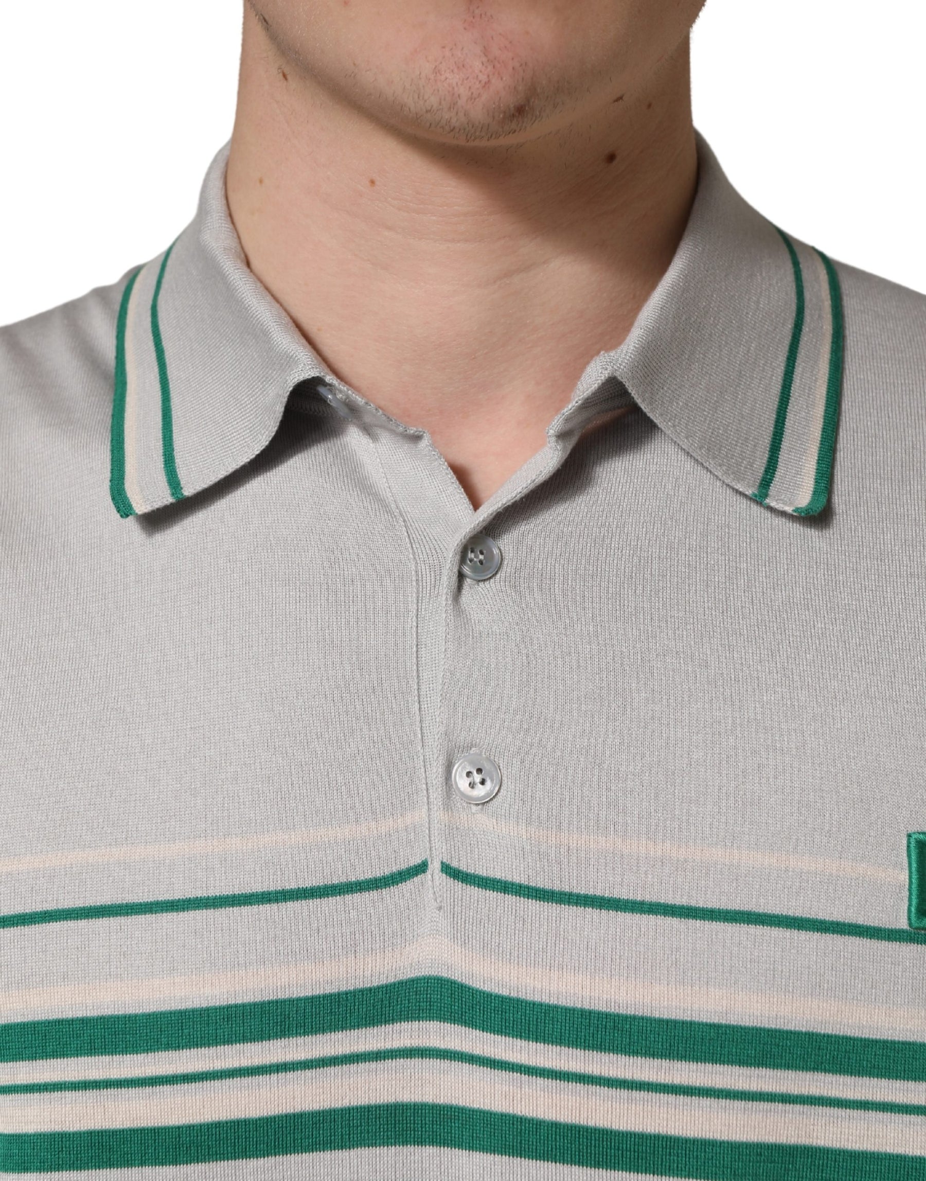 Dolce & Gabbana Gray Green Striped Logo Silk Polo T-shirt | Regal Royce