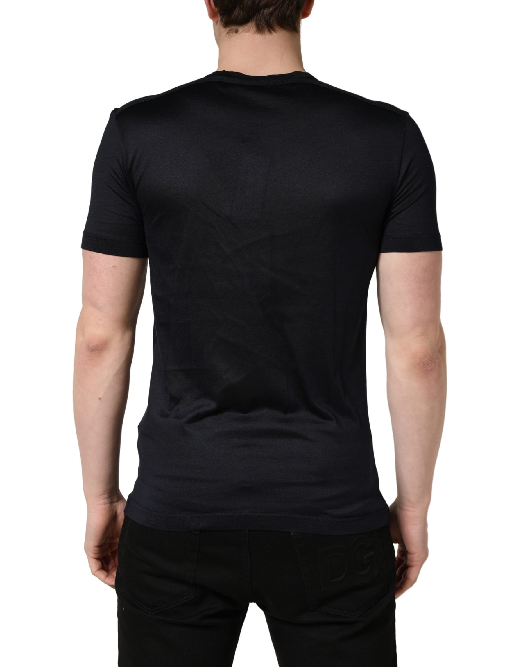 Dolce & Gabbana Dark Blue DG Logo Silk Men Crew Neck T-shirt | Regal Royce