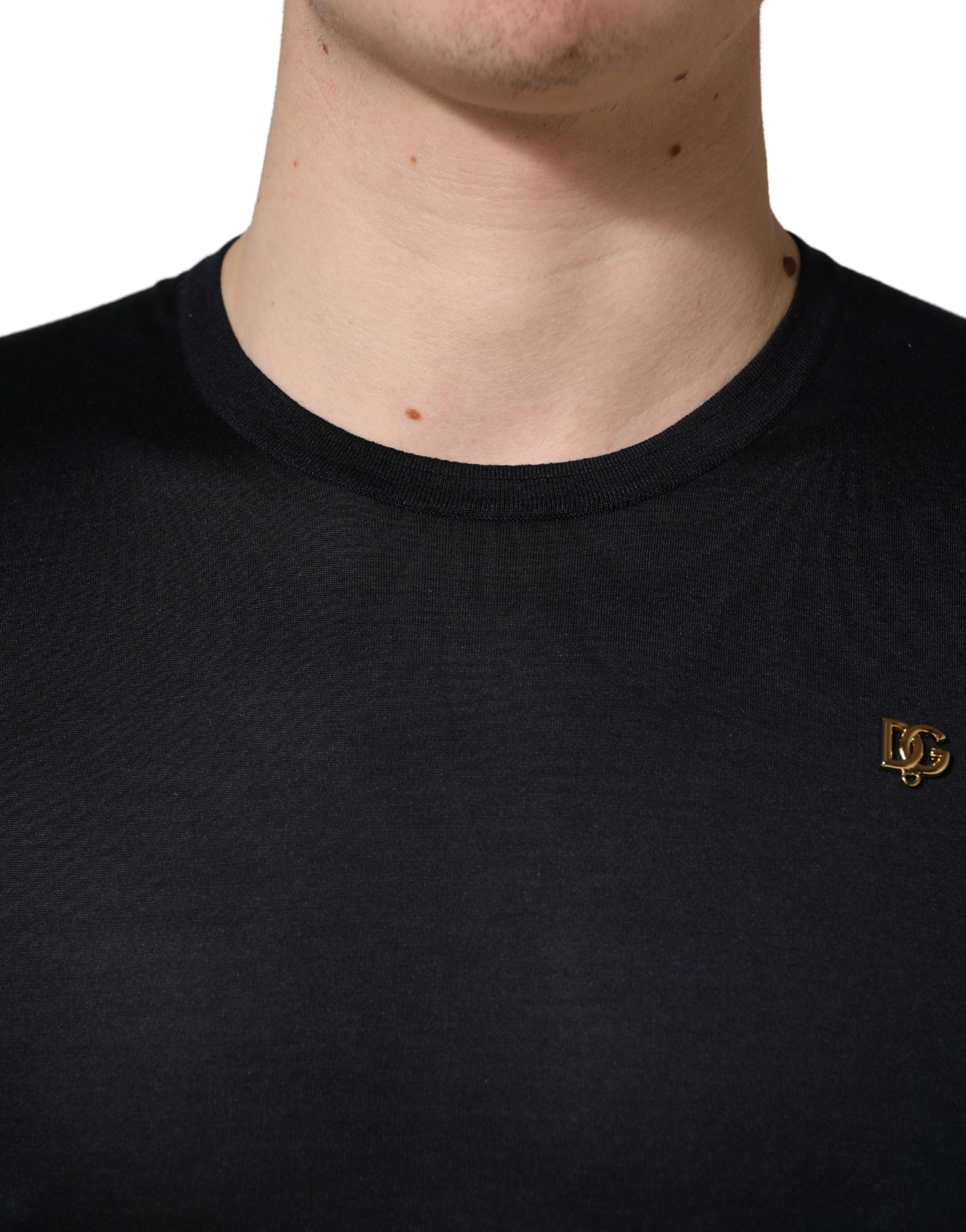 Dolce & Gabbana Dark Blue DG Logo Silk Men Crew Neck T-shirt | Regal Royce