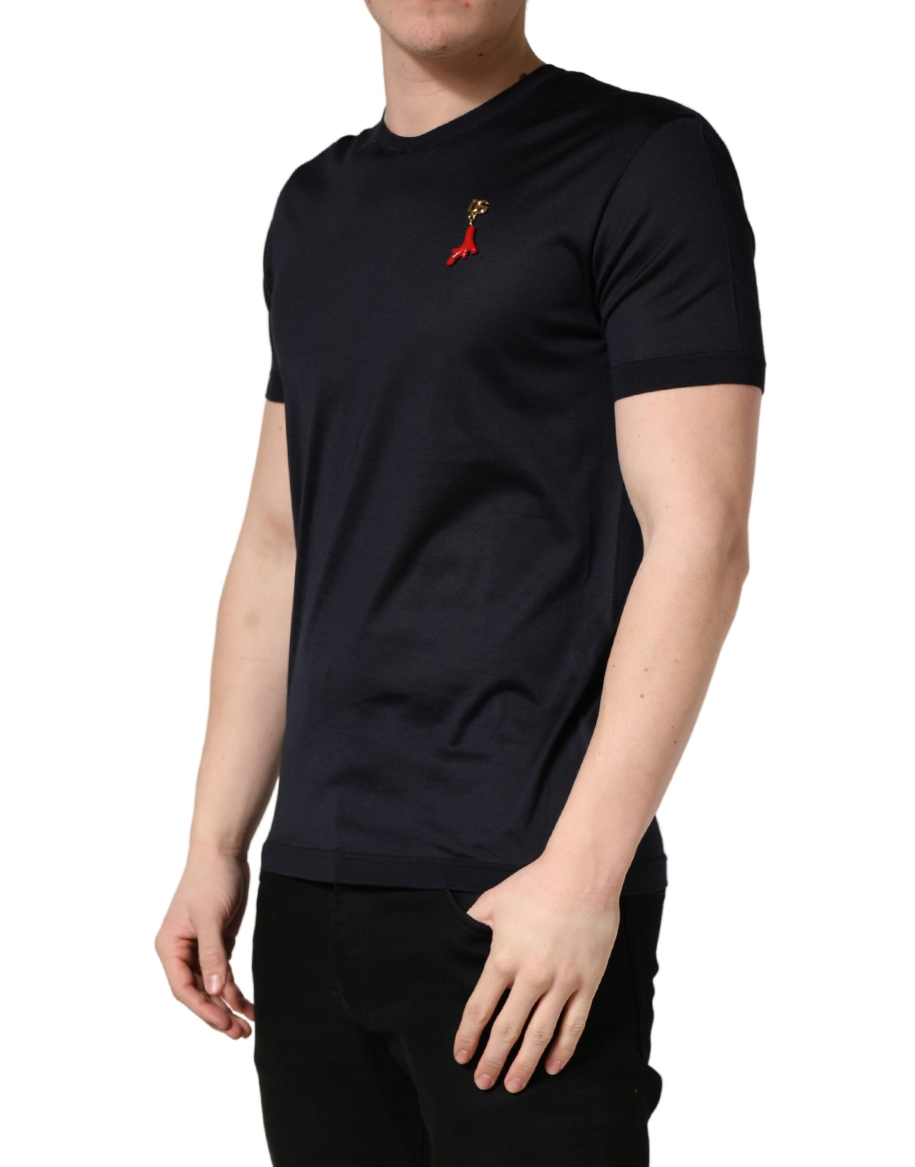 Dolce & Gabbana Dark Blue DG Logo Silk Men Crew Neck T-shirt | Regal Royce