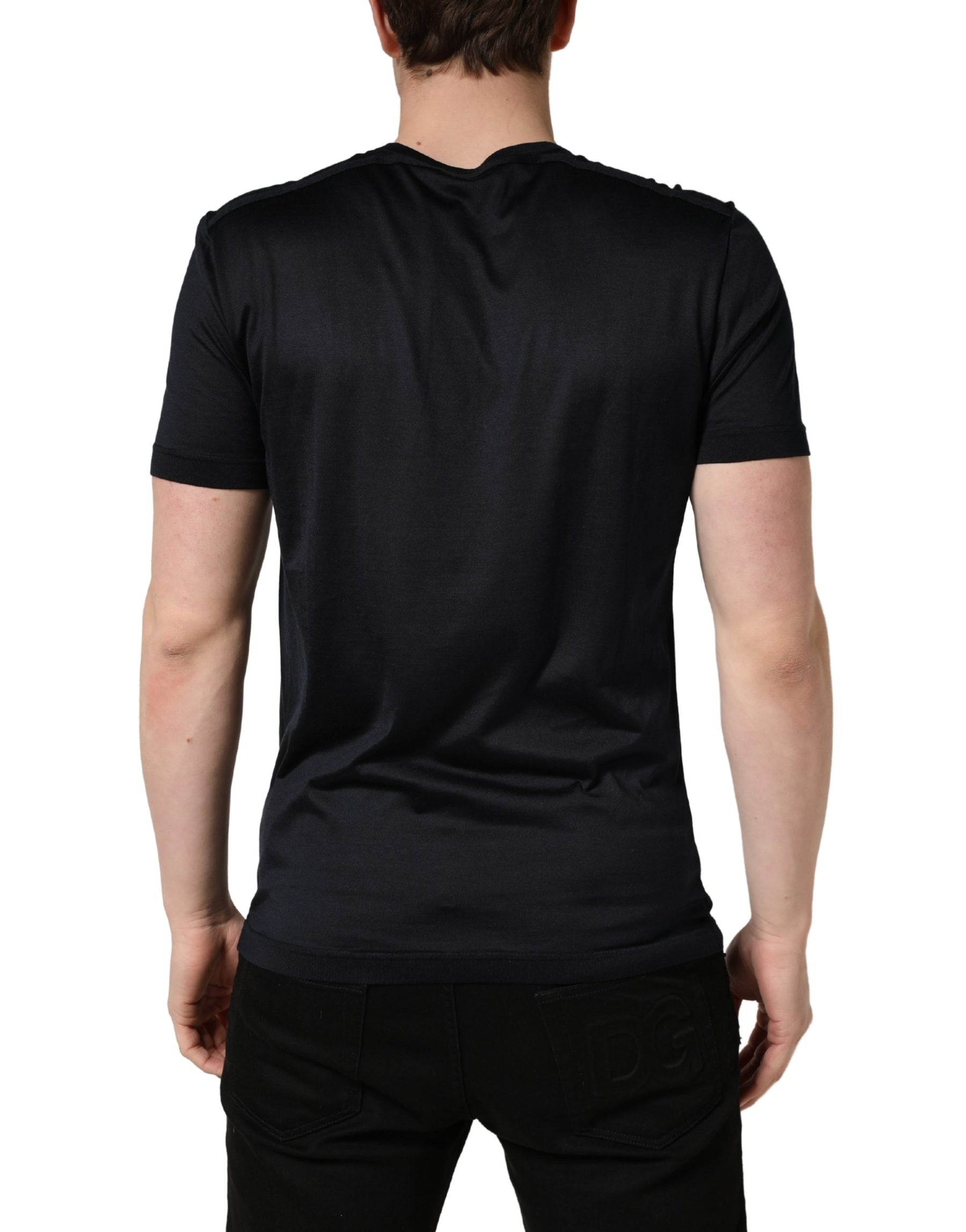 Dolce & Gabbana Dark Blue DG Logo Silk Men Crew Neck T-shirt | Regal Royce