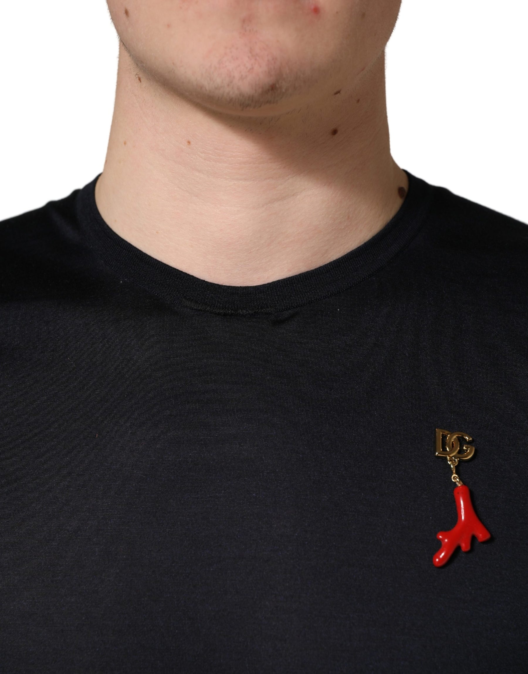 Dolce & Gabbana Dark Blue DG Logo Silk Men Crew Neck T-shirt | Regal Royce