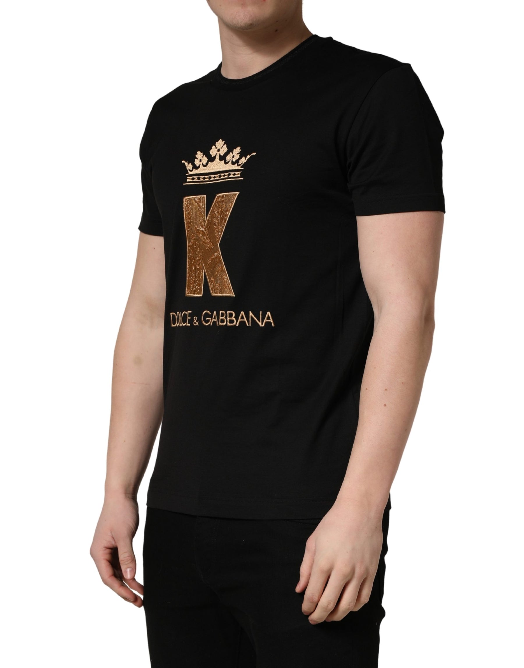 Dolce & Gabbana Black King Patch Cotton Men CrewNeck T-shirt | Regal Royce
