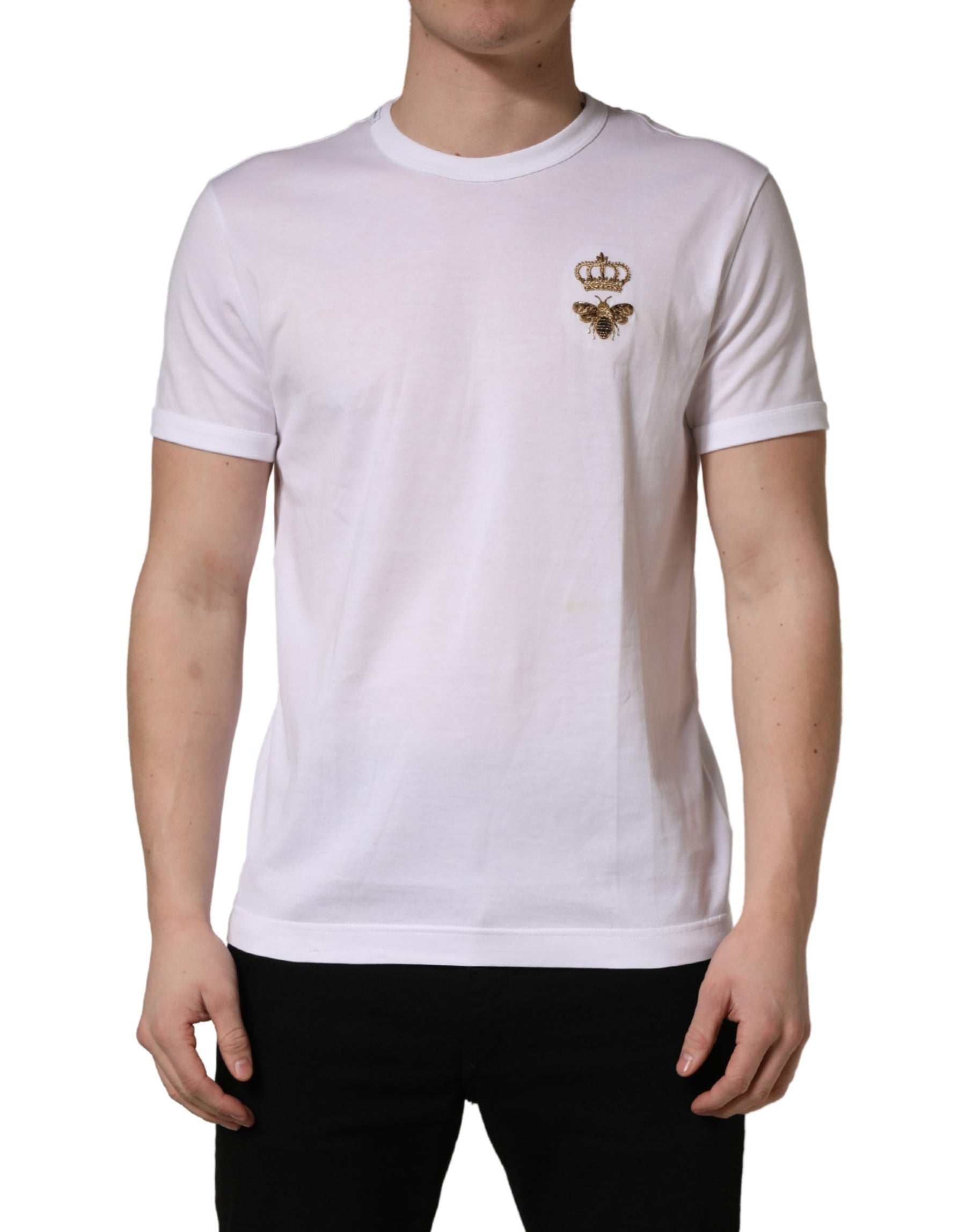 Dolce & Gabbana White Bee Crown Embroidery Cotton Men T-shirt | Regal Royce