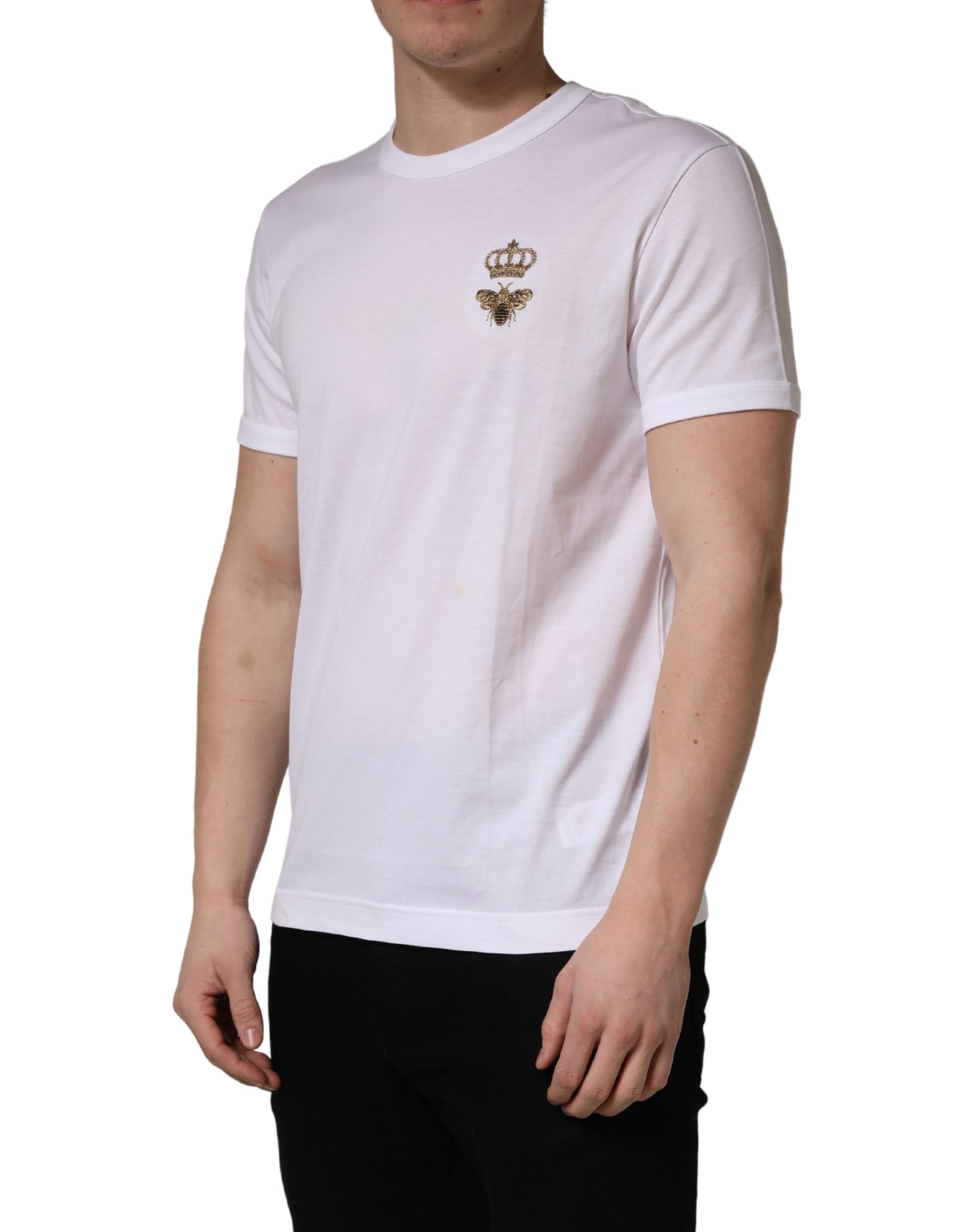 Dolce & Gabbana White Bee Crown Embroidery Cotton Men T-shirt | Regal Royce