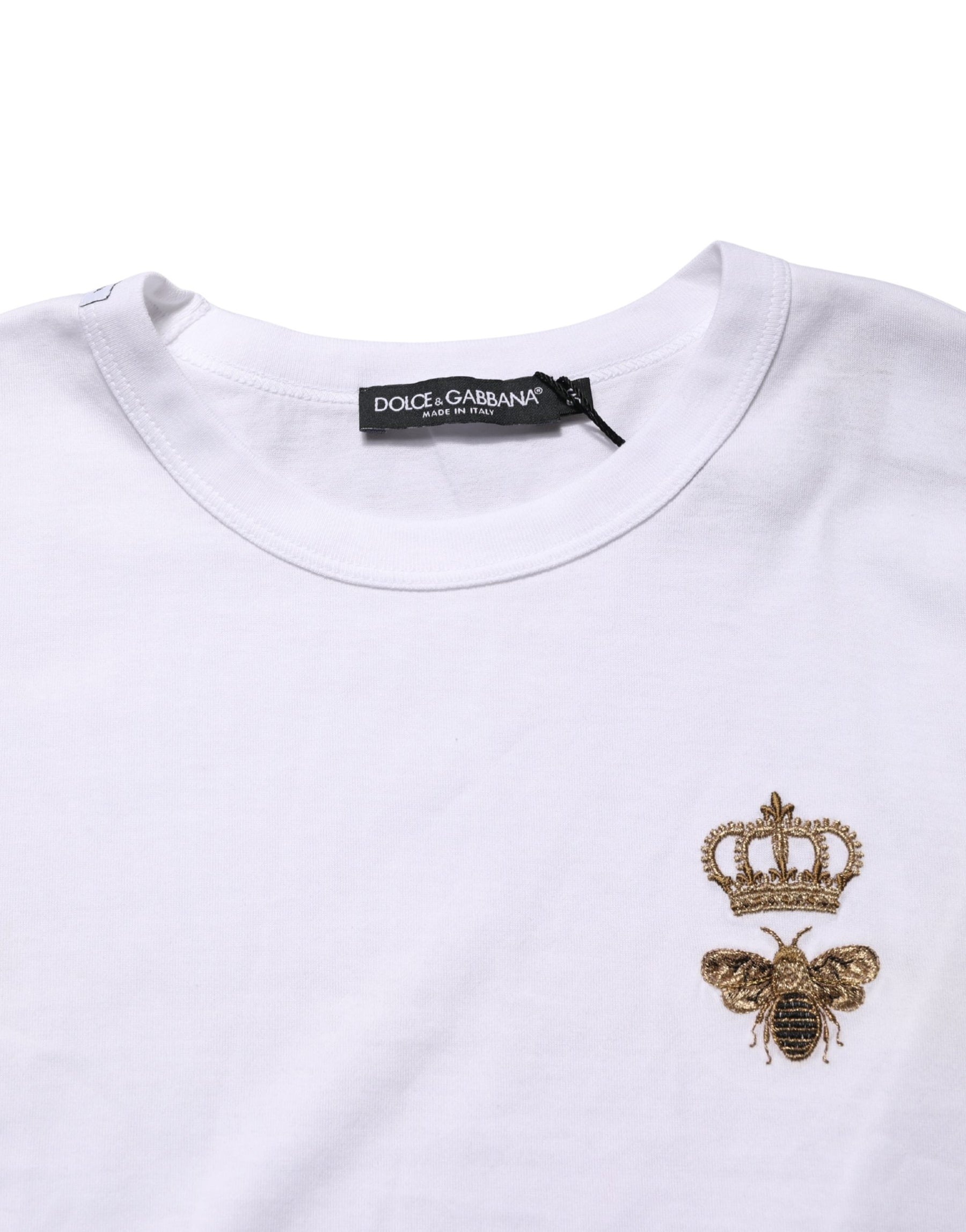 Dolce & Gabbana White Bee Crown Embroidery Cotton Men T-shirt | Regal Royce