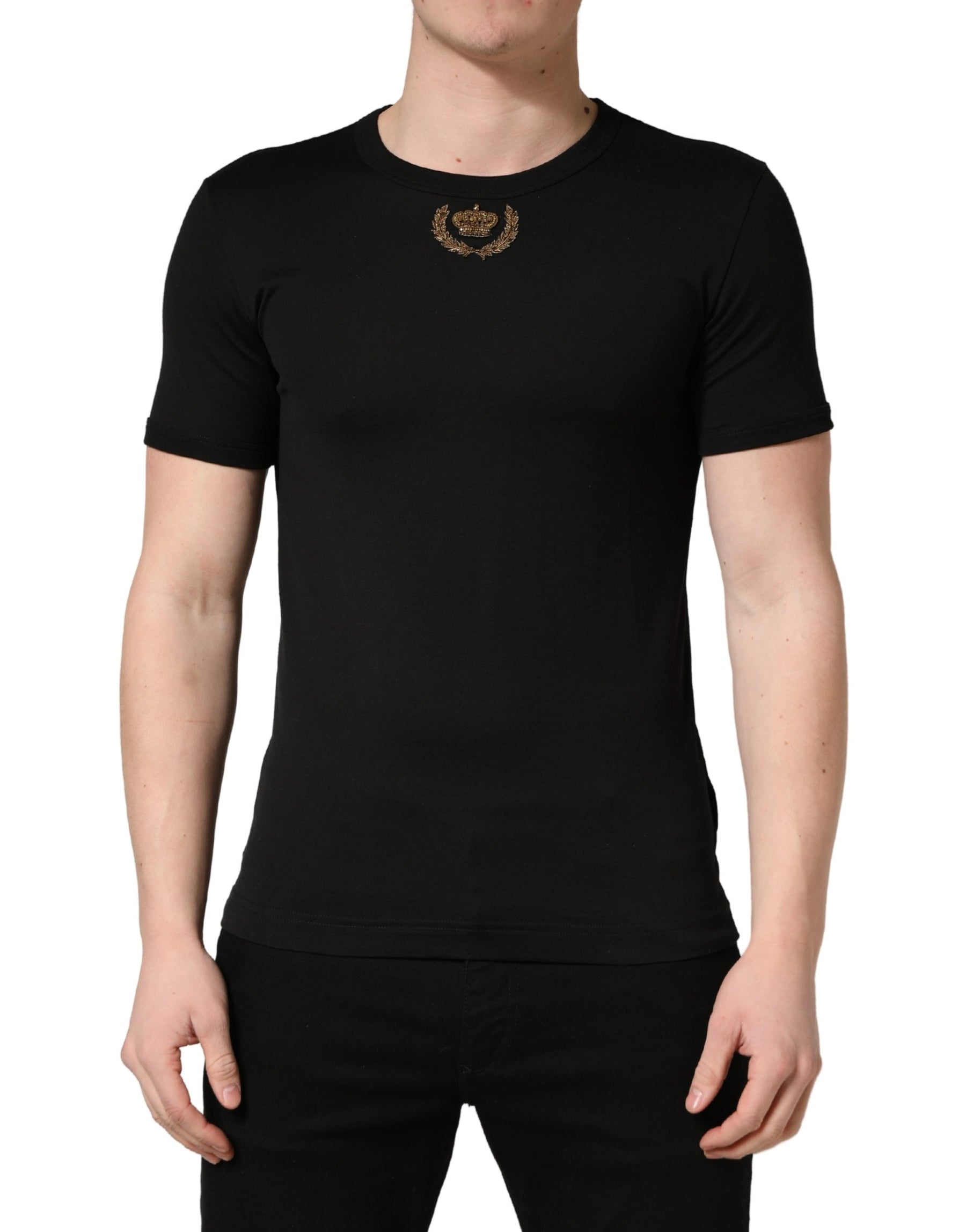 Dolce & Gabbana Black Crown Embroidery Men Crew Neck  T-shirt | Regal Royce