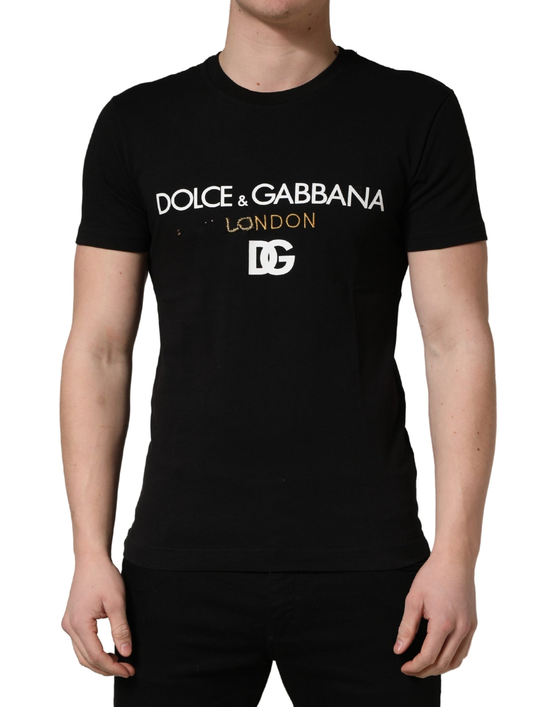 Dolce & Gabbana Black DG London Cotton Men Crew Neck  T-shirt | Regal Royce