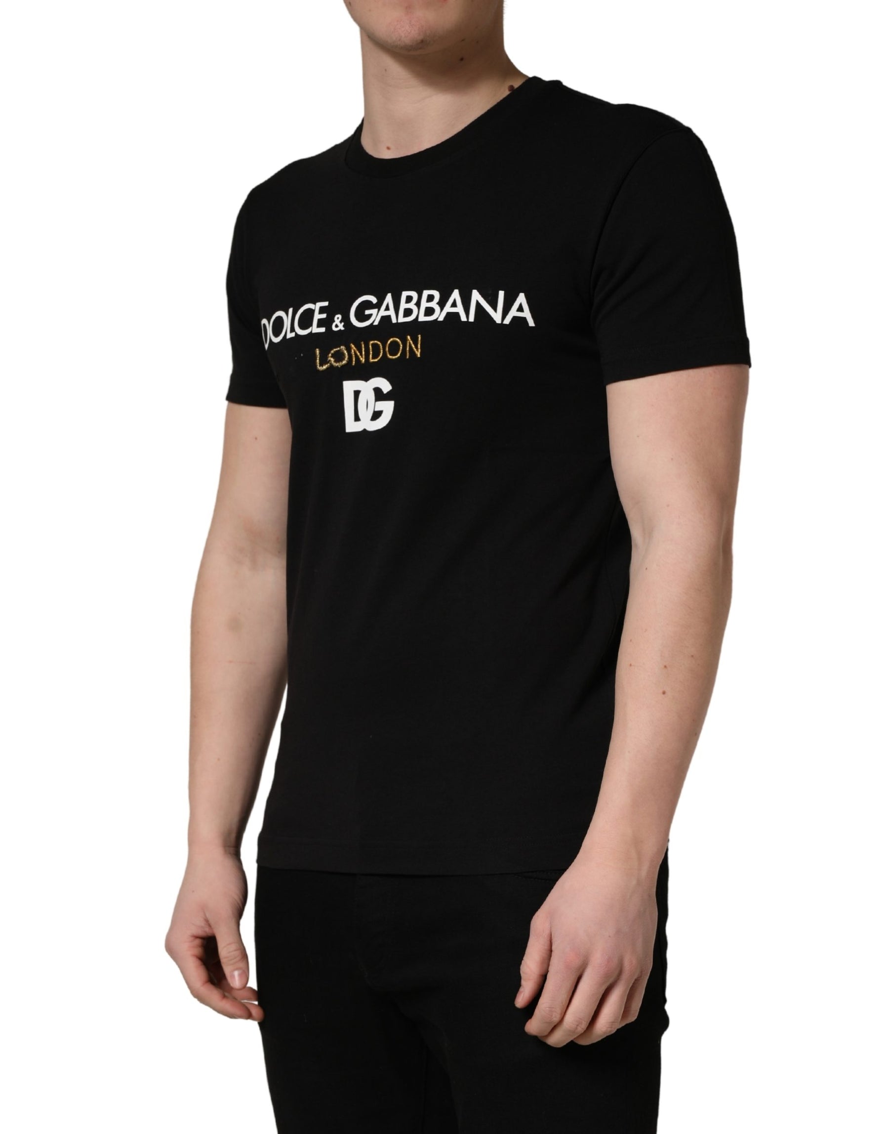 Dolce & Gabbana Black DG London Cotton Men Crew Neck  T-shirt | Regal Royce