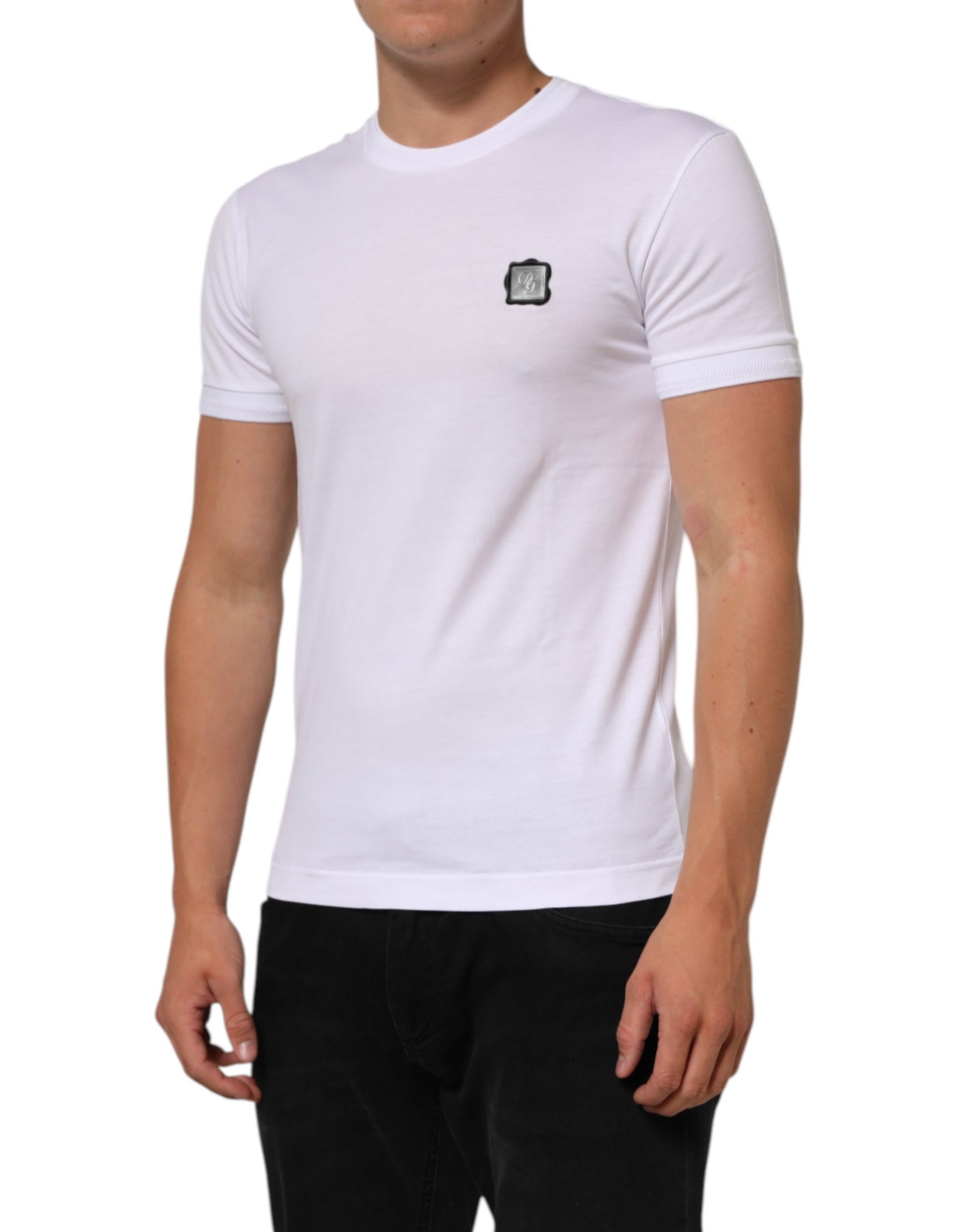 Dolce & Gabbana White Logo Patch Cotton Crew Neck T-shirt | Regal Royce
