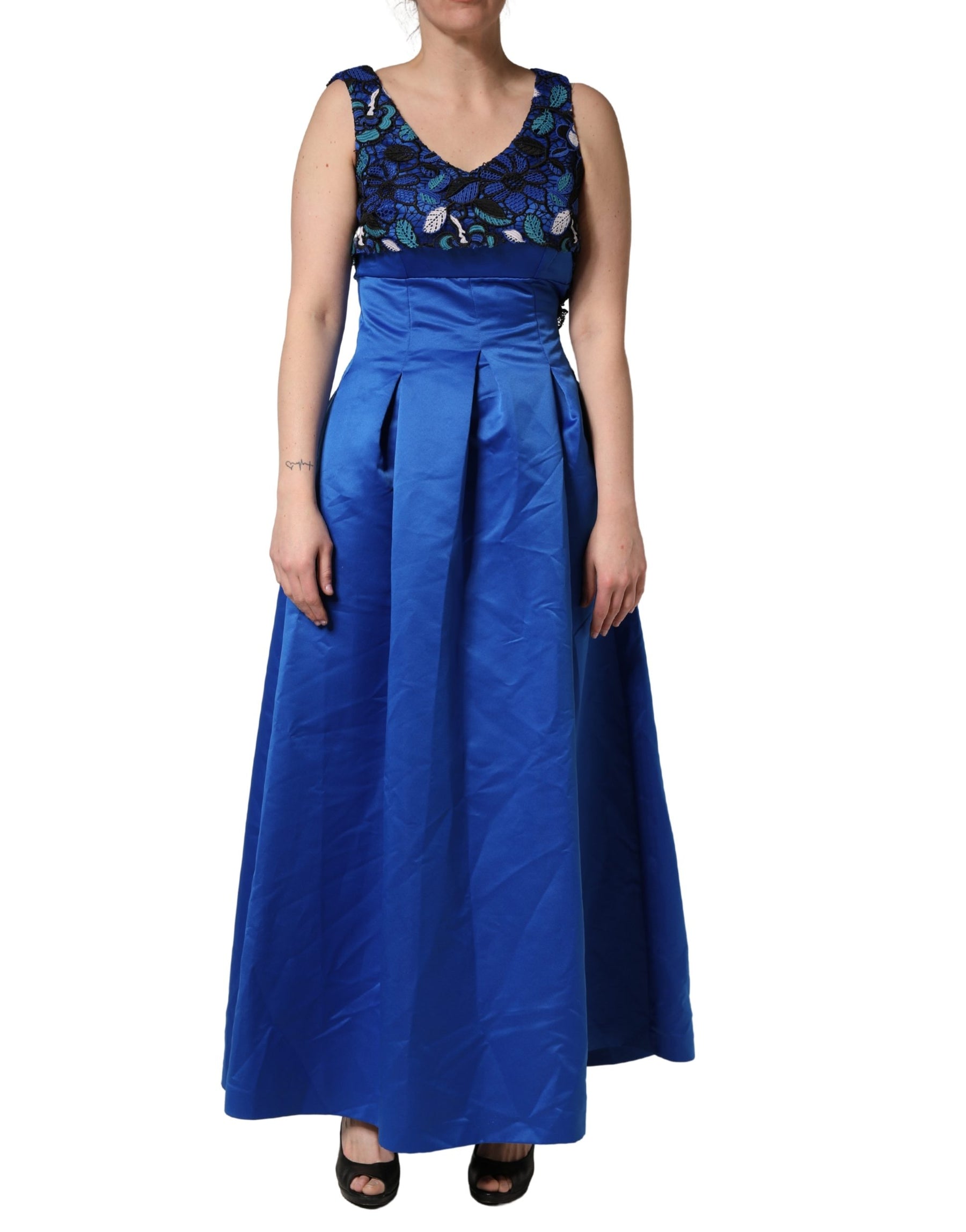 LANACAPRINA Royal Blue Floral Lace Sleeveless Long Gown Dress | Regal Royce