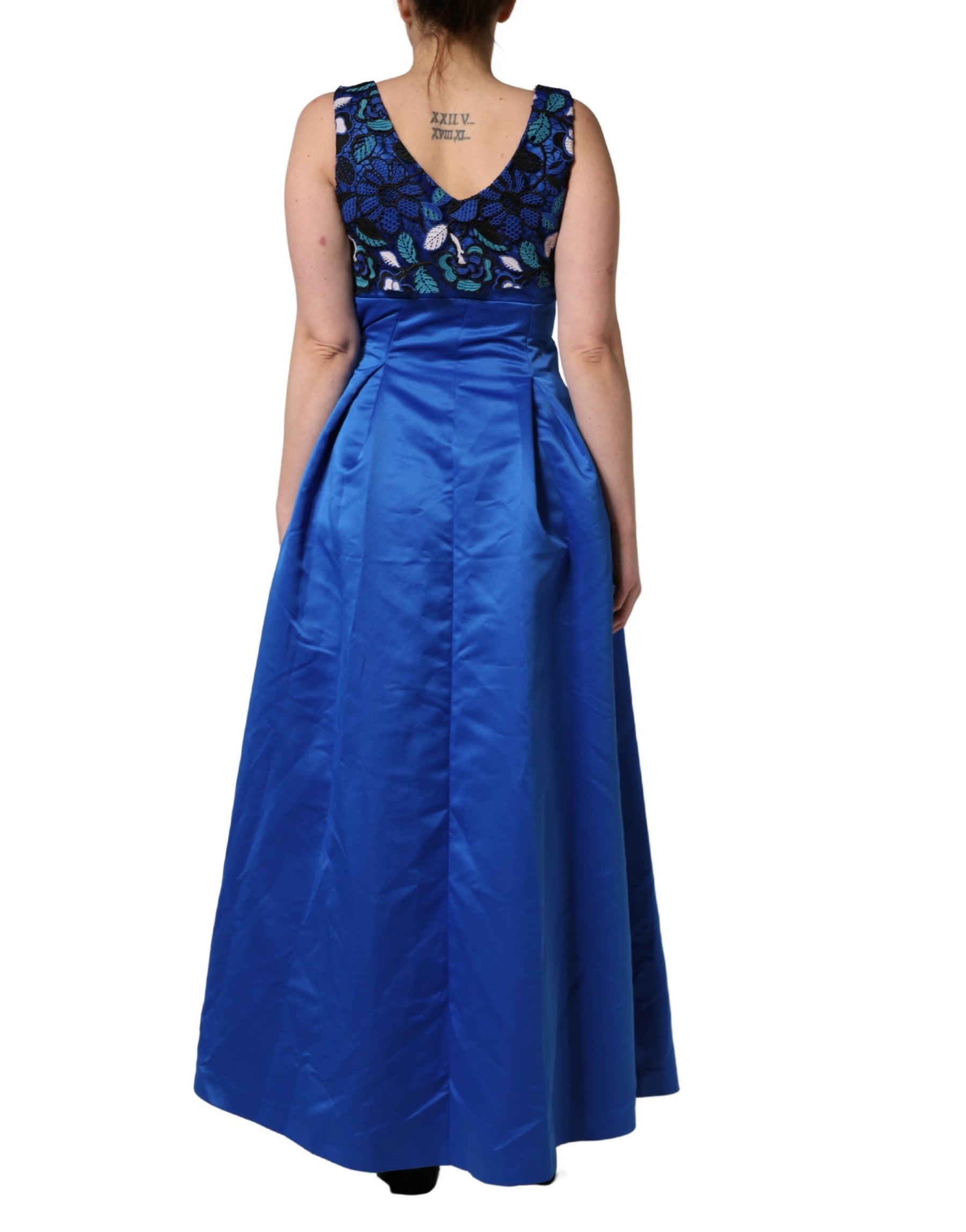 LANACAPRINA Royal Blue Floral Lace Sleeveless Long Gown Dress | Regal Royce