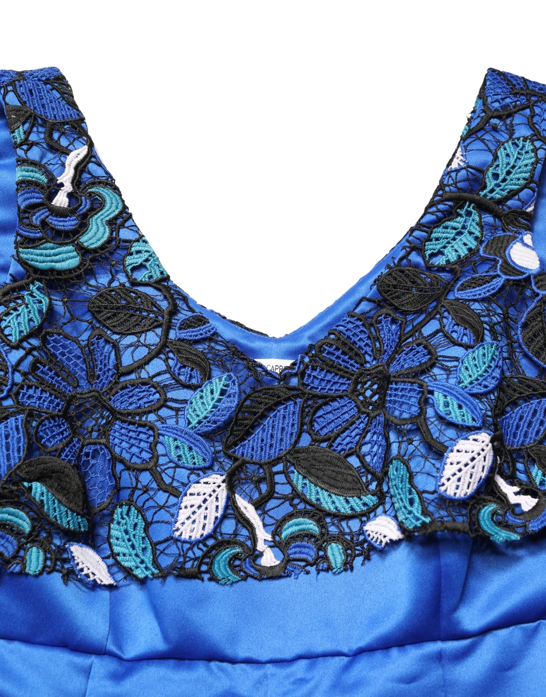 LANACAPRINA Royal Blue Floral Lace Sleeveless Long Gown Dress | Regal Royce