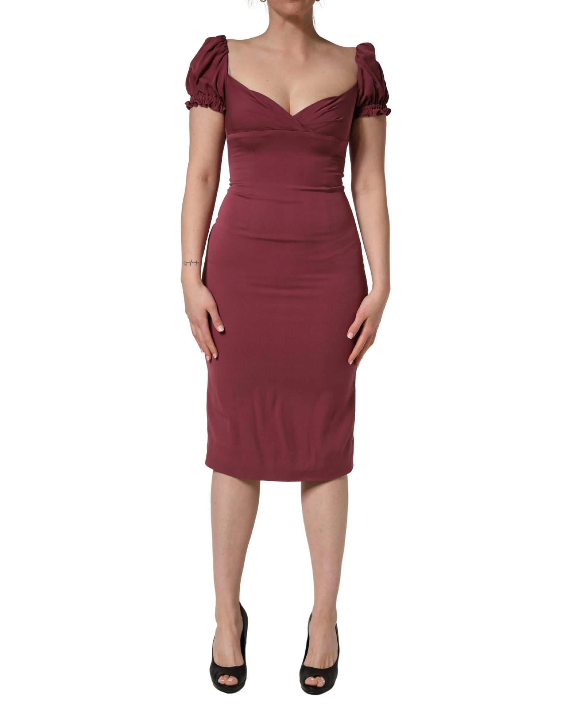 Dolce & Gabbana Maroon Silk Sweetheart Sheath Midi Dress | Regal Royce